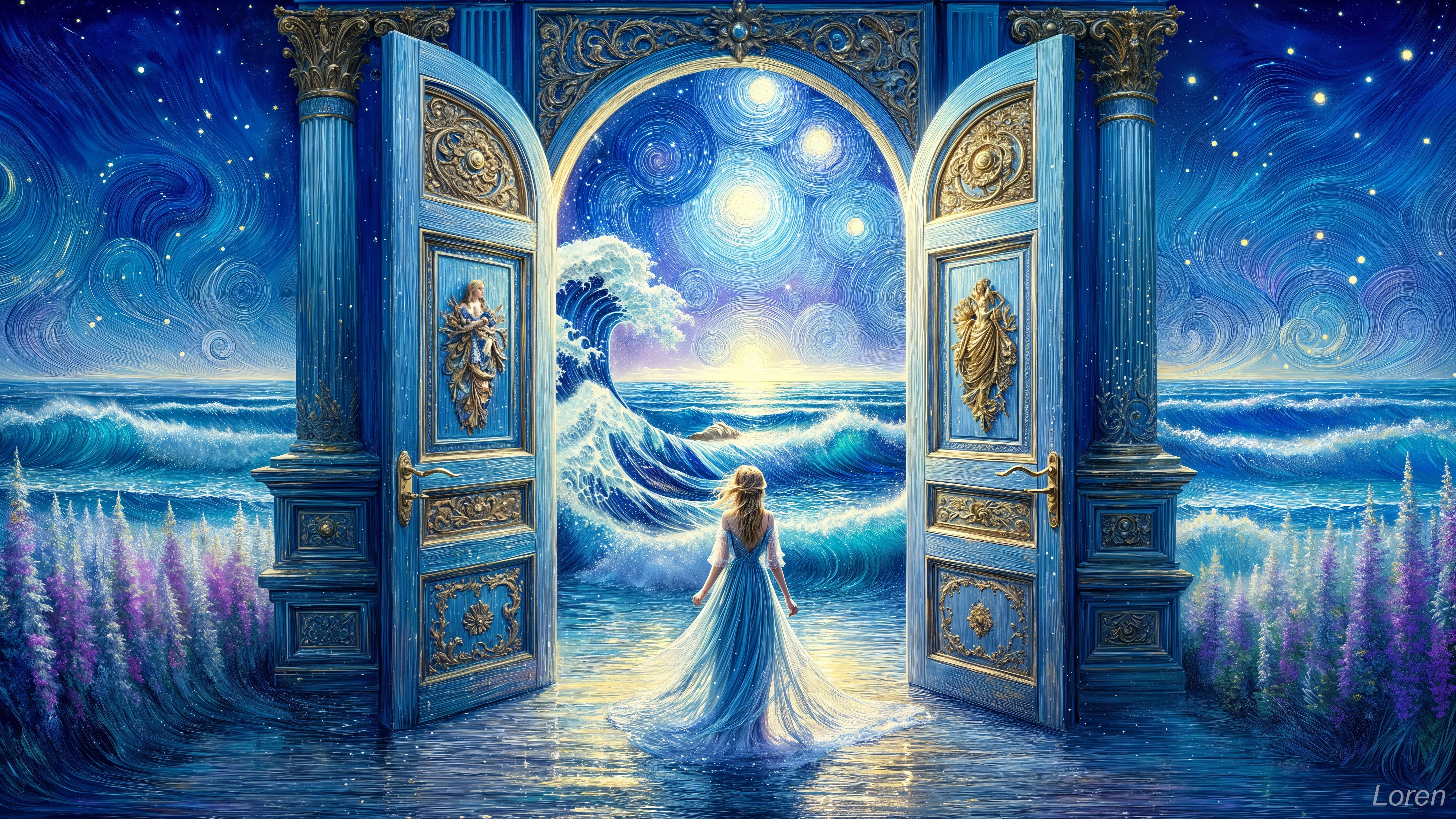 Serene Figure Before Ornate Doors and Vibrant Seascape