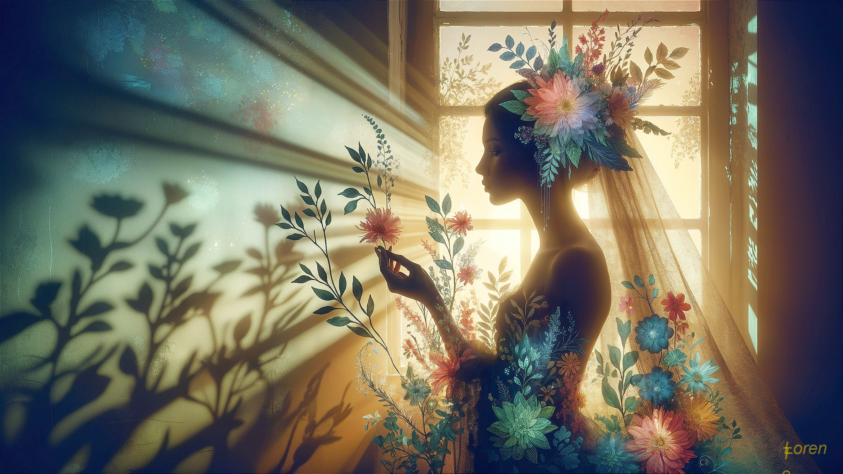Silhouette of a Woman Amidst Vibrant Flowers and Light