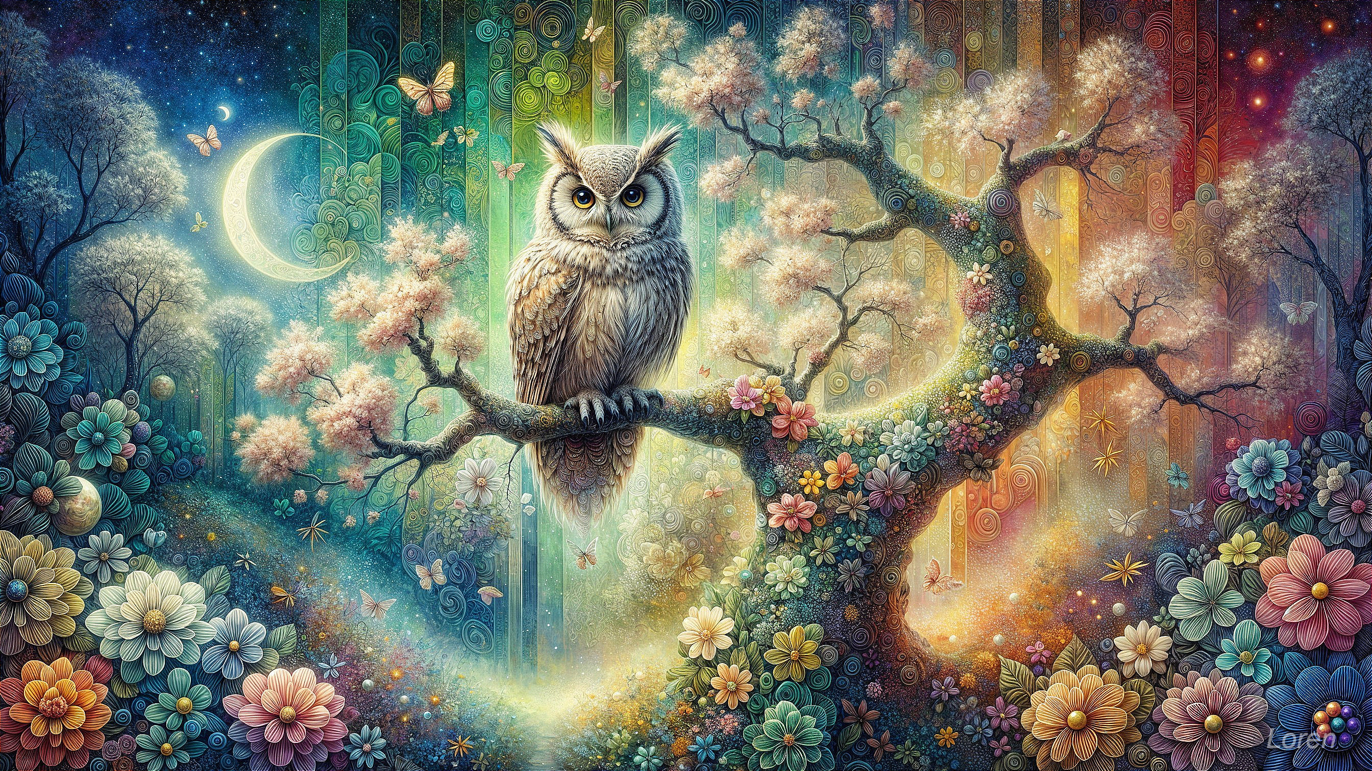 Majestic owl in a colorful enchanted forest scene