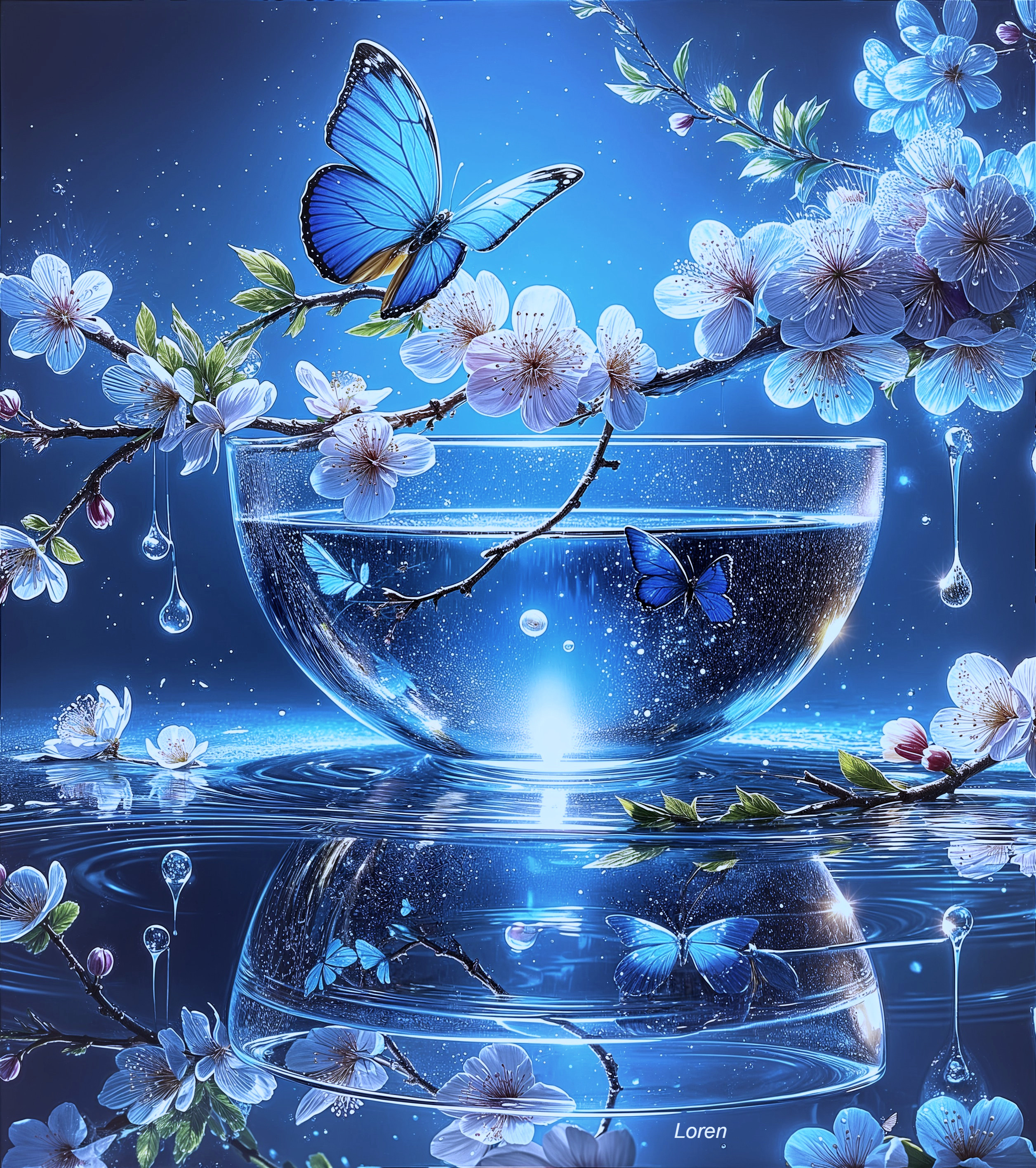 Serene Glass Bowl with Water and Cherry Blossoms