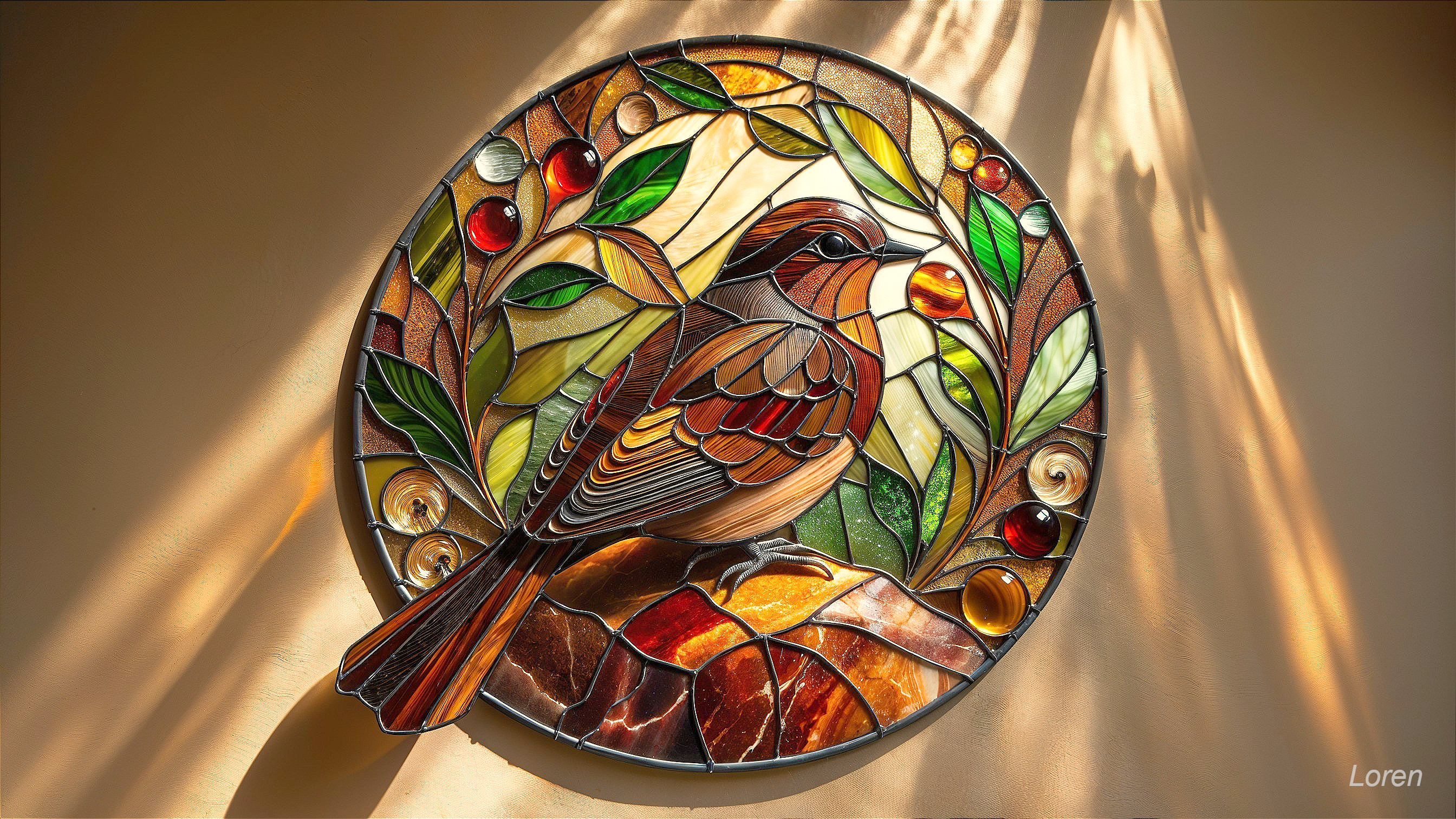 Vibrant Stained Glass Artwork of Bird and Nature