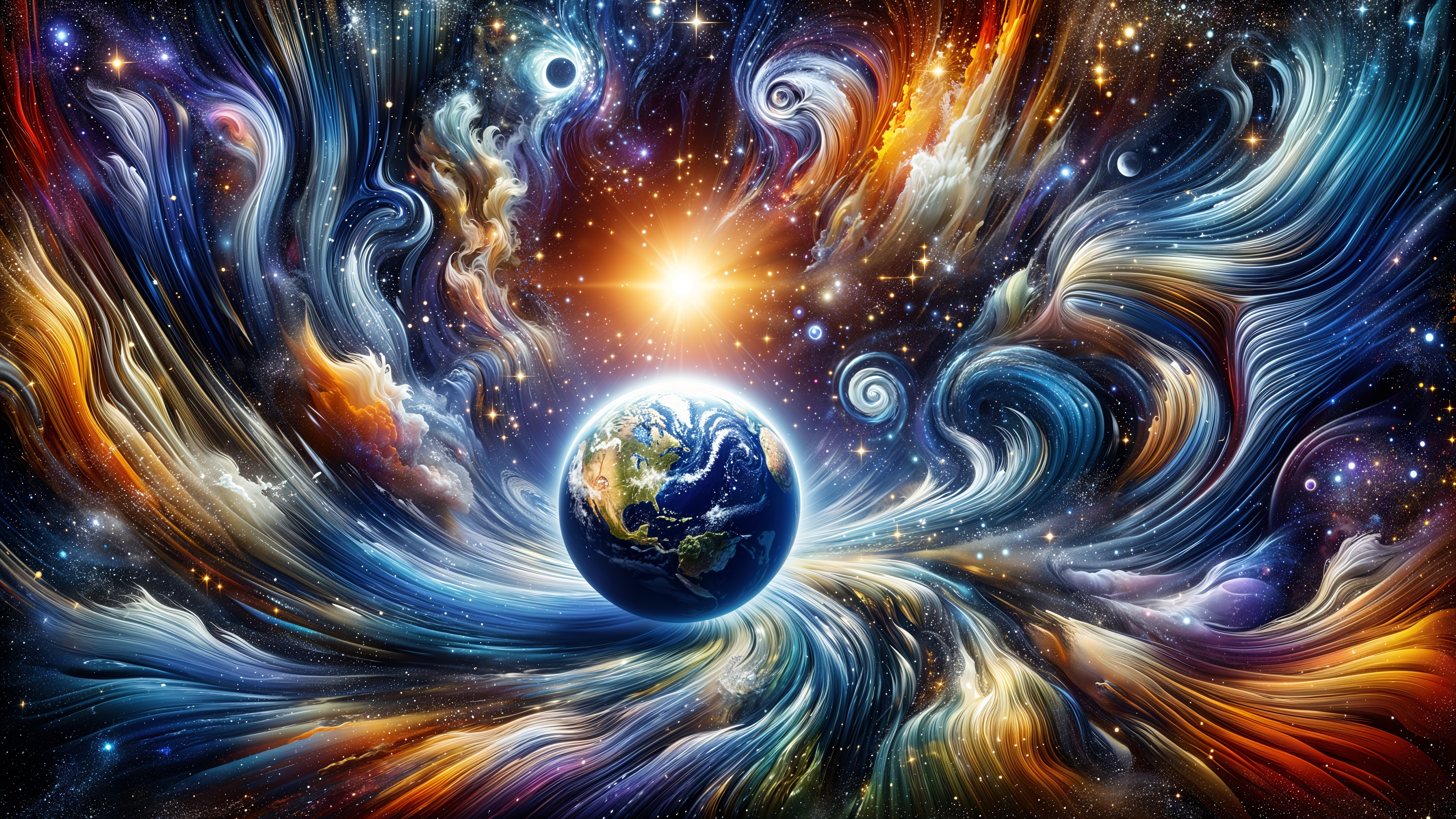 Vibrant Cosmic Scene with Earth and Colorful Nebulae