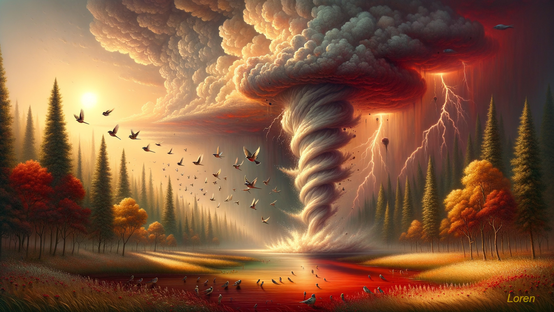 Dramatic Landscape with Tornado and Vibrant Sunset