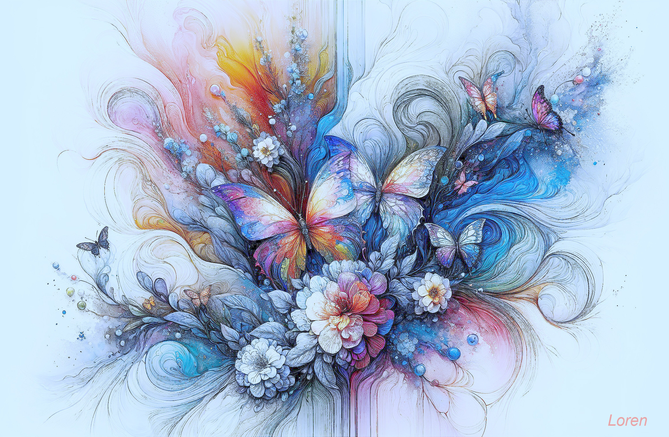 Vibrant Artwork with Butterflies and Floral Designs