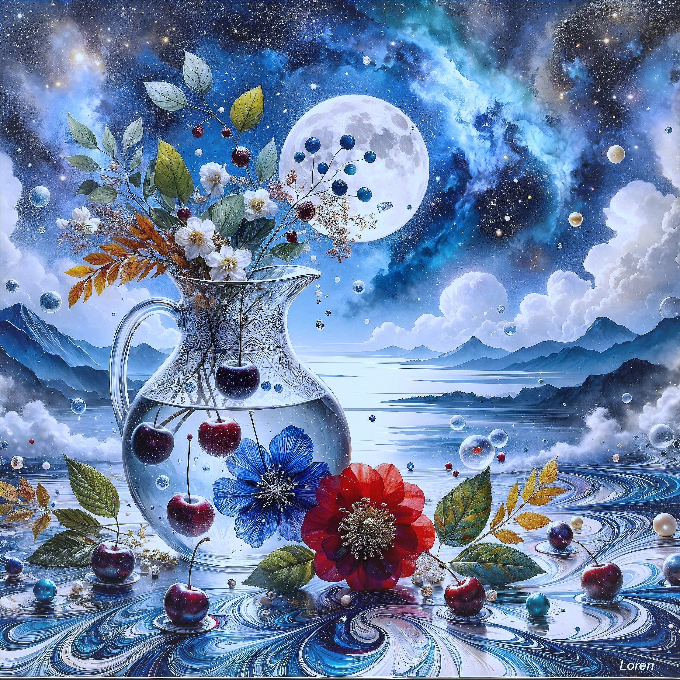 Surreal Landscape with Flowers and Cosmic Backdrop