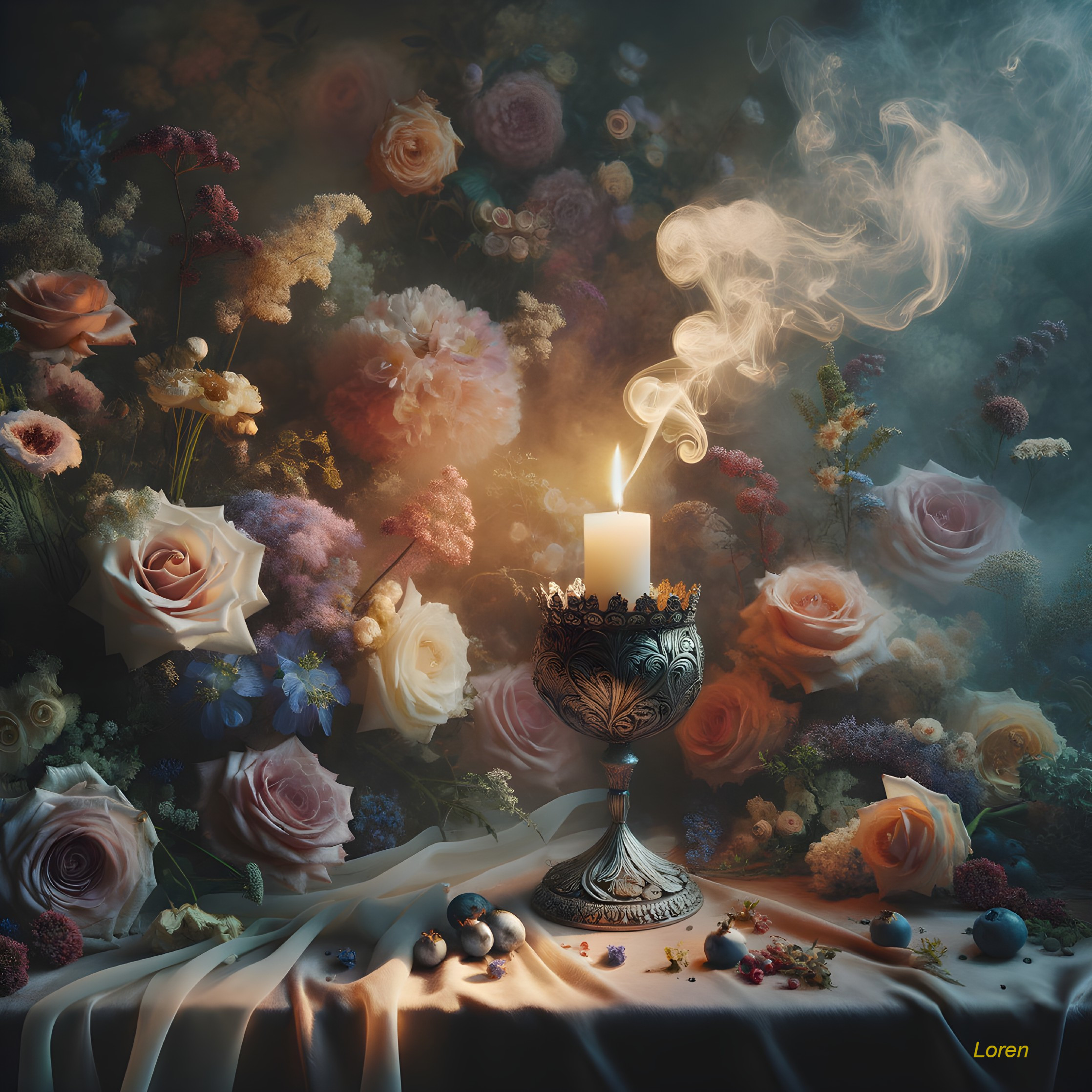 Candle in Ornate Holder Surrounded by Colorful Flowers