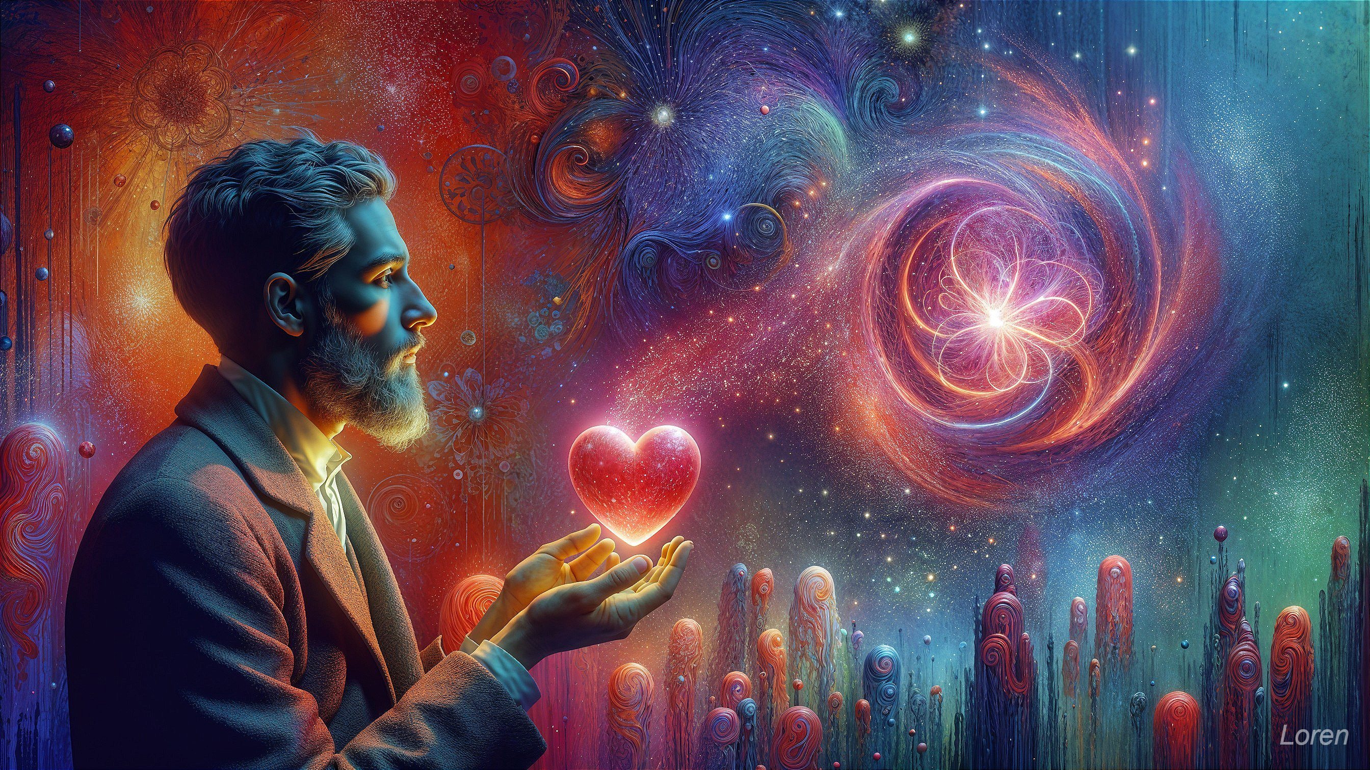 Contemplative Man with Glowing Heart in Cosmic Scene