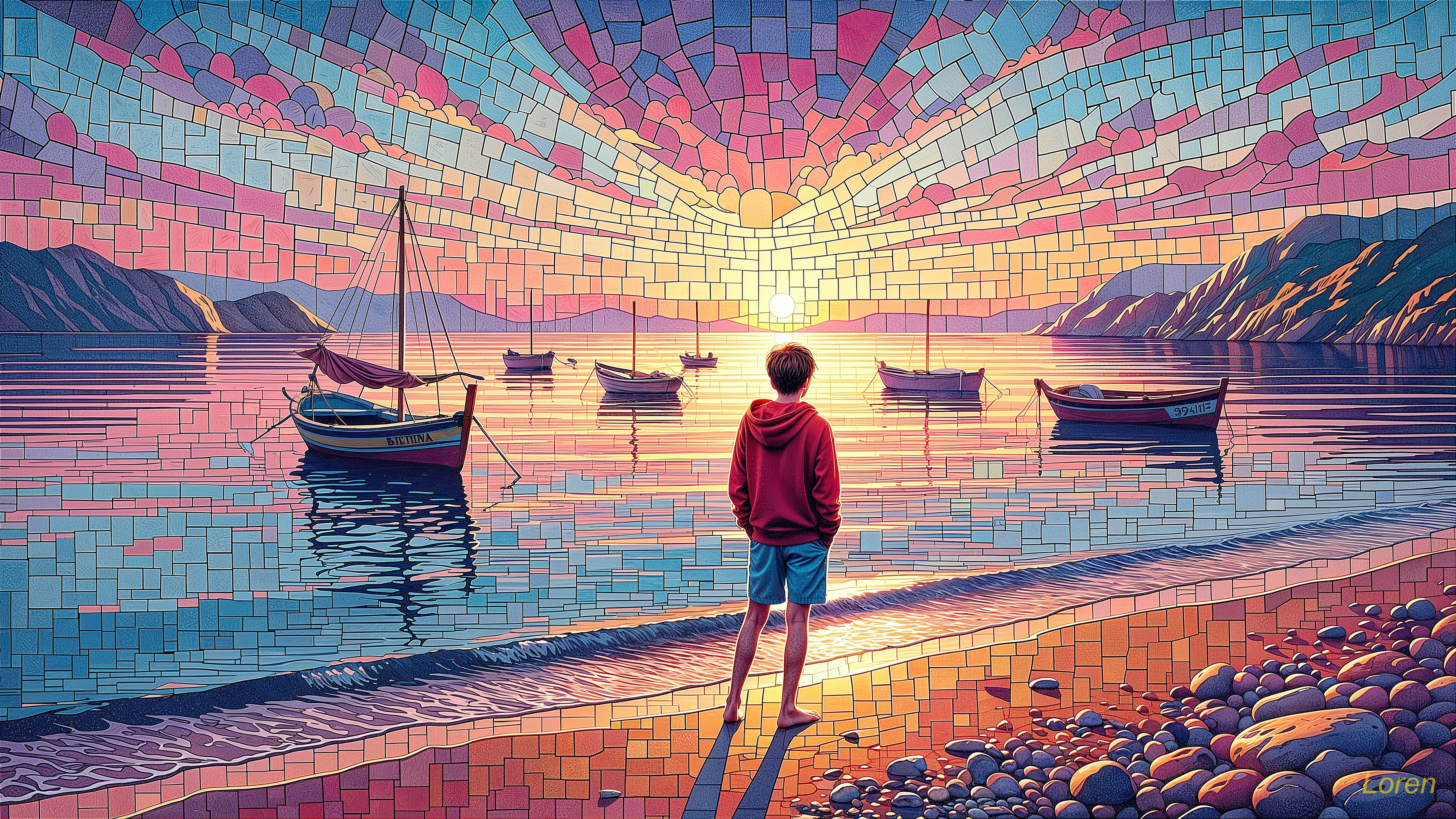 Young Boy on Pebbled Beach at Vibrant Sunset