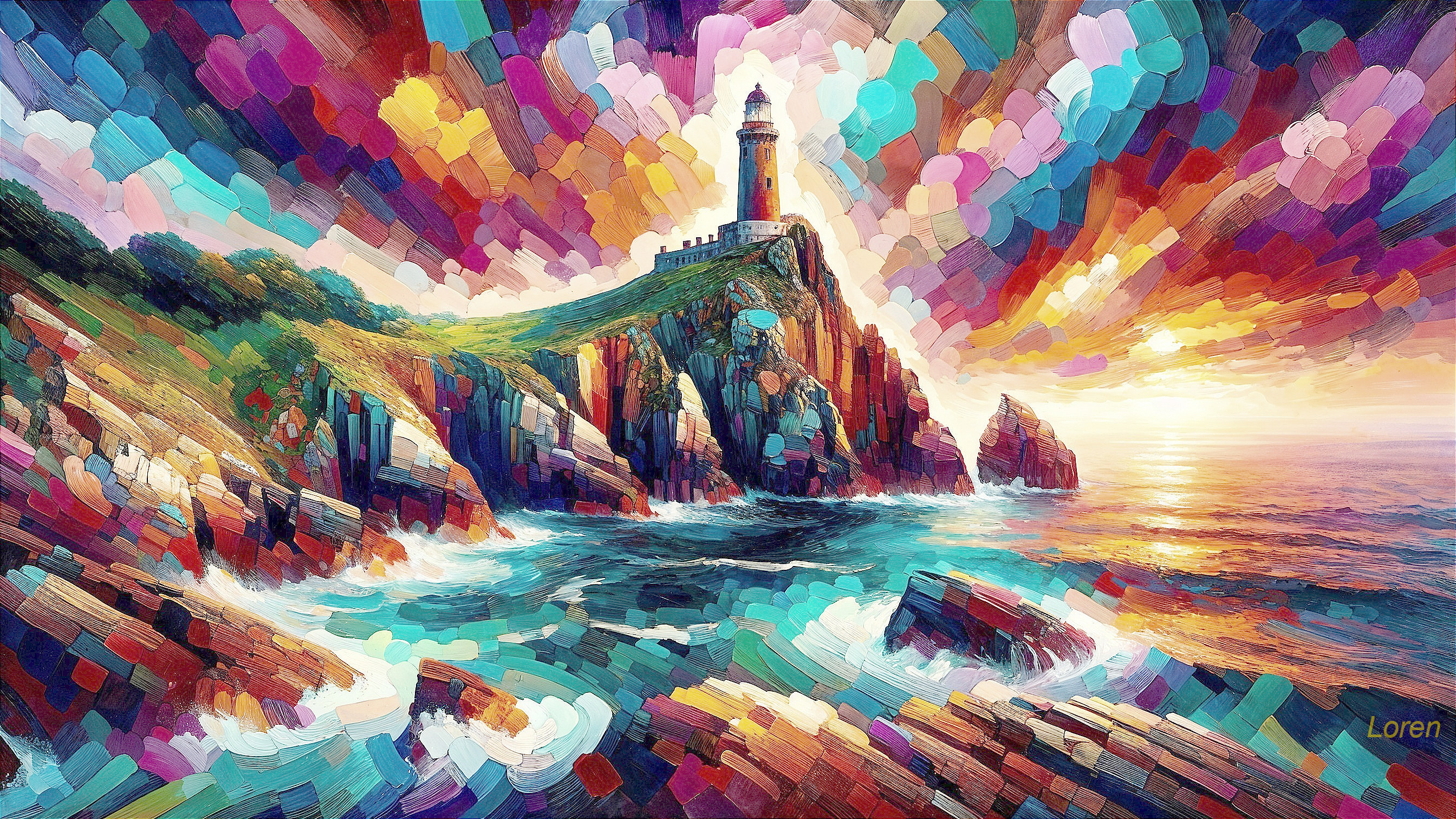 Impressionistic Landscape with Lighthouse and Sunset Skies