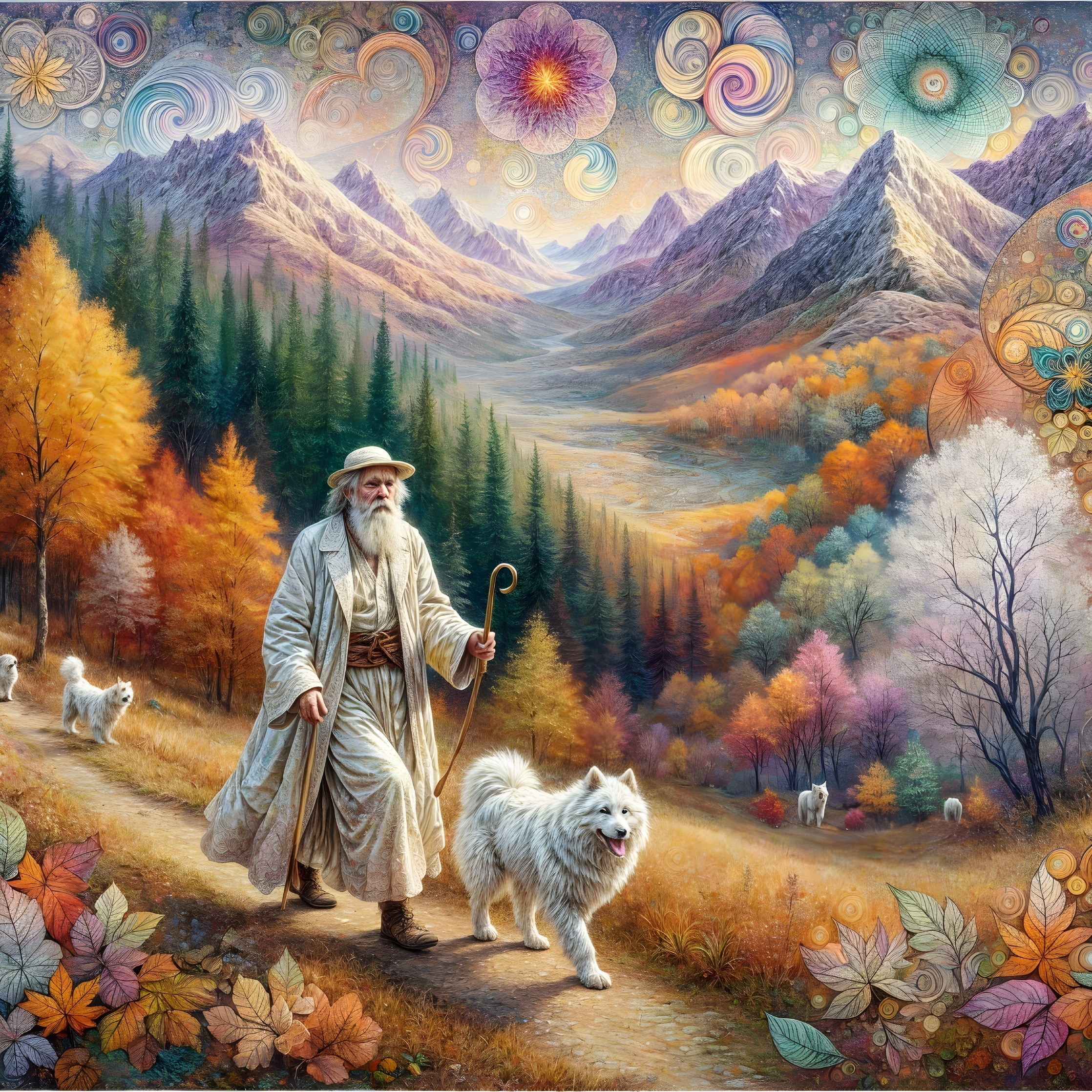 Enchanted Landscape with Wise Man and Fluffy Dog