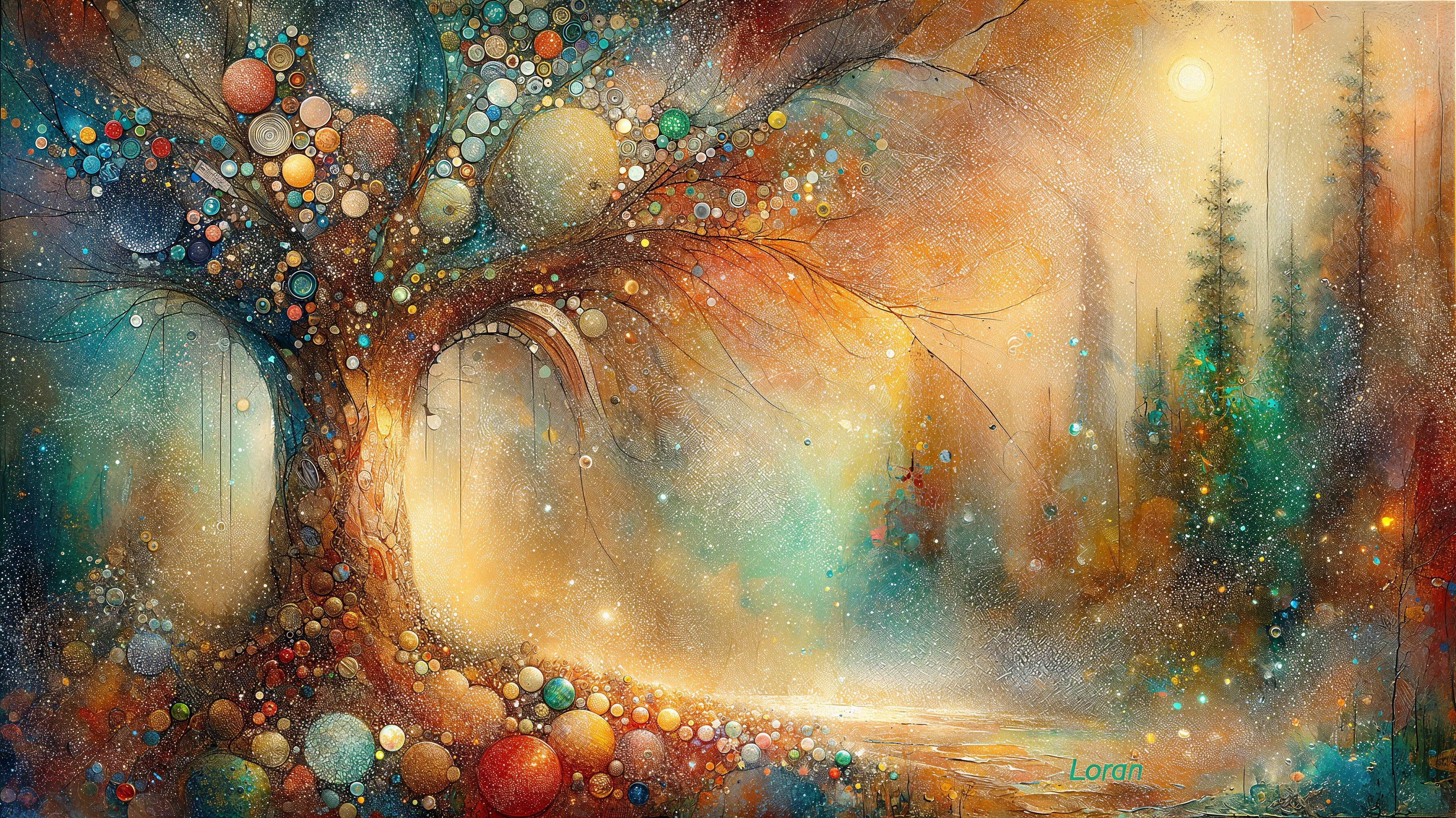 Vibrant Abstract Landscape with Whimsical Tree and Orbs