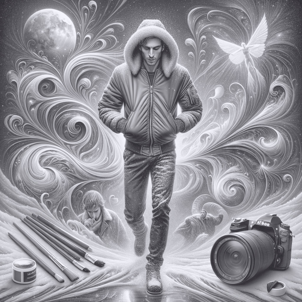 Monochrome artistic image of person in hoodie with swirling patterns, camera, pencils, and butterfly.
