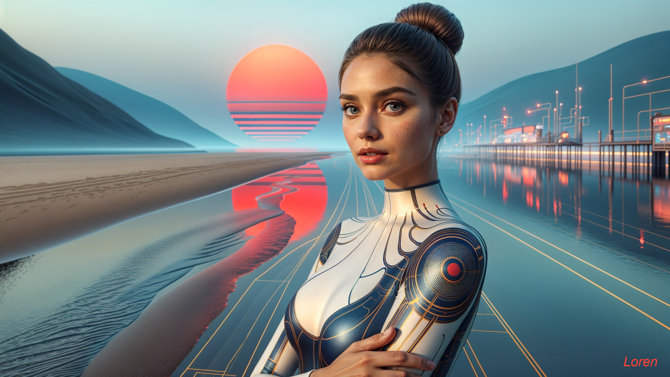 Futuristic Beach Landscape with Sunset and Structures
