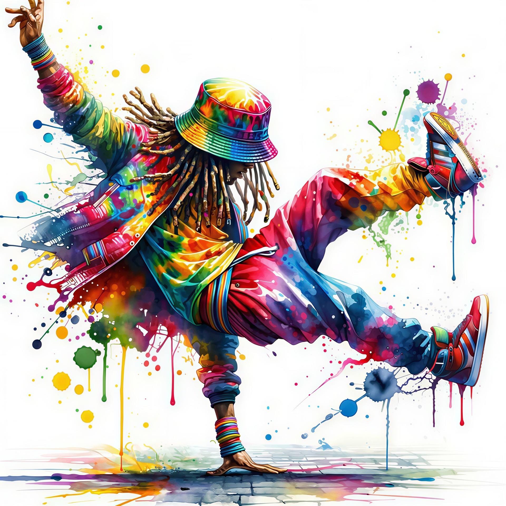 Watercolor painting of a breakdancer in vibrant attire
