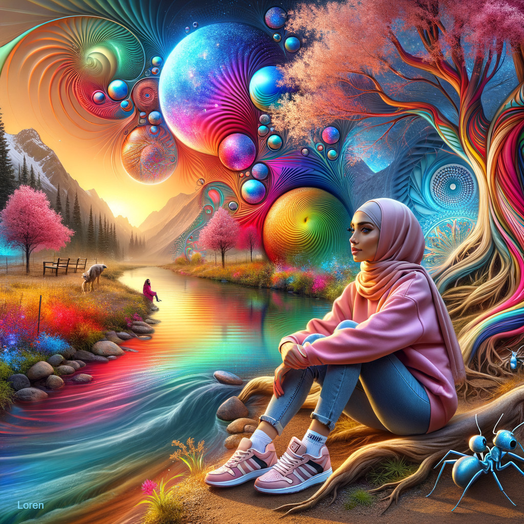 Young Woman by Vibrant River in Serene Landscape