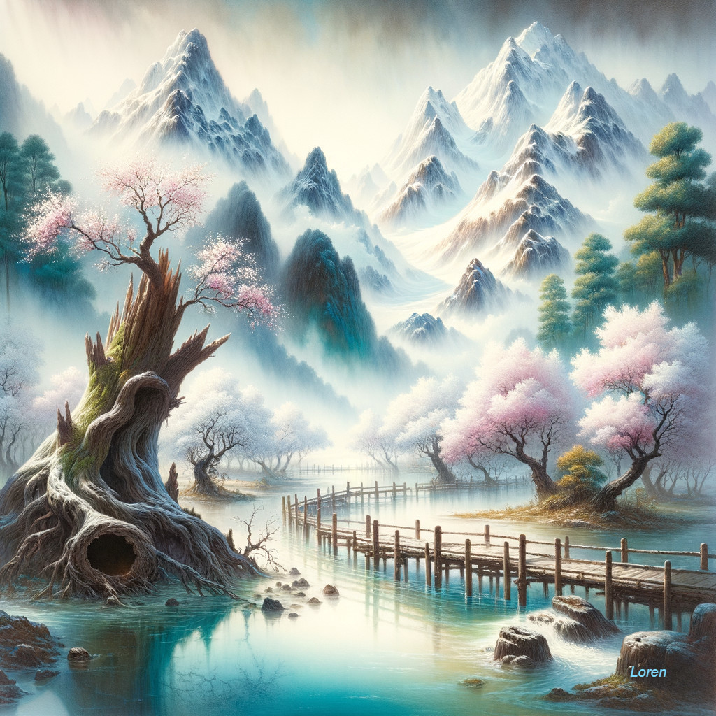Serene Landscape with Mountains and Cherry Trees