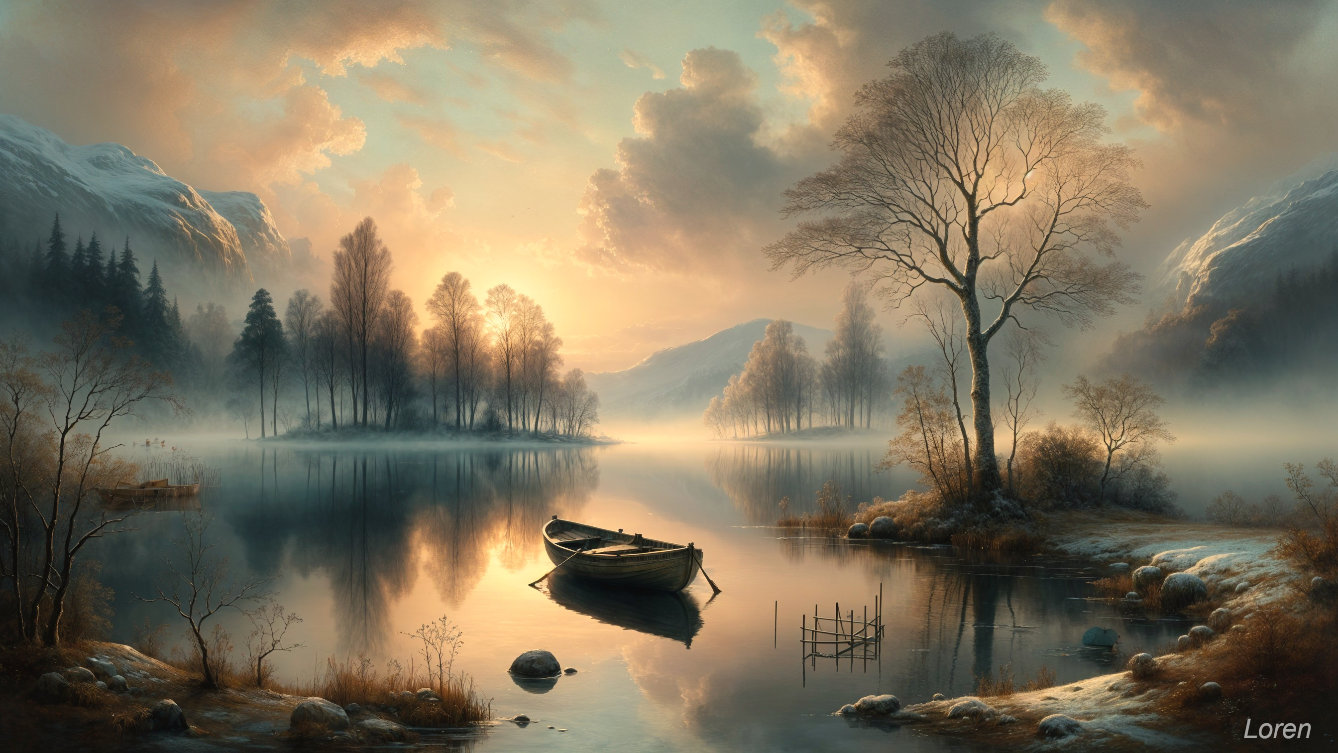 Serene dawn landscape with tranquil lake and misty mountains
