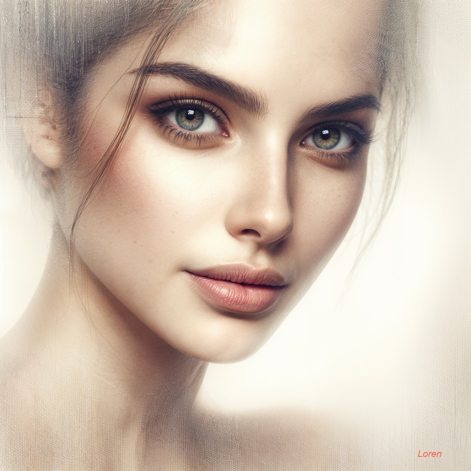 Close-up portrait of a young woman with green eyes