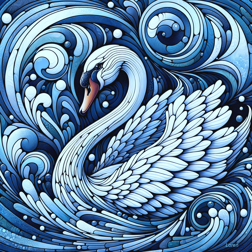 Stylized Swan Gliding Through Blue Swirling Waves
