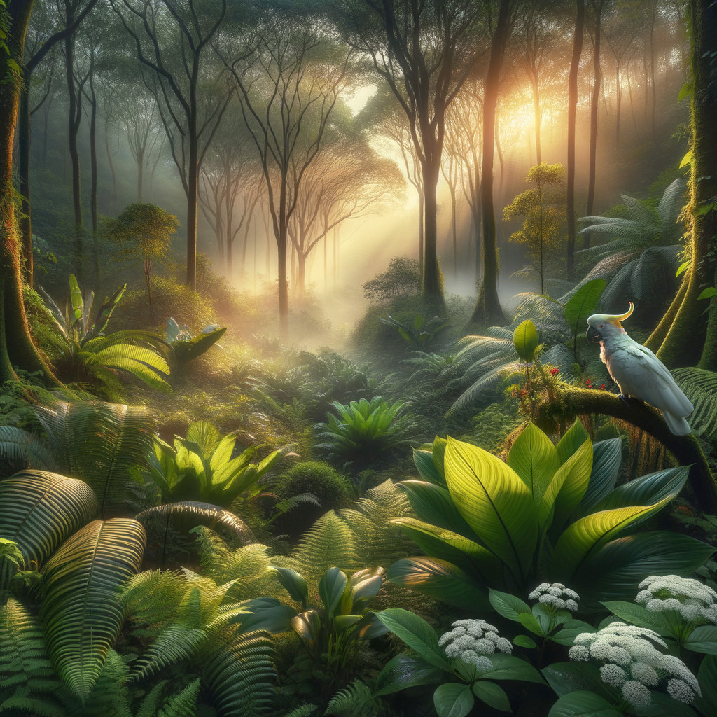Sunlit Rainforest with Tropical Plants and Cockatoo