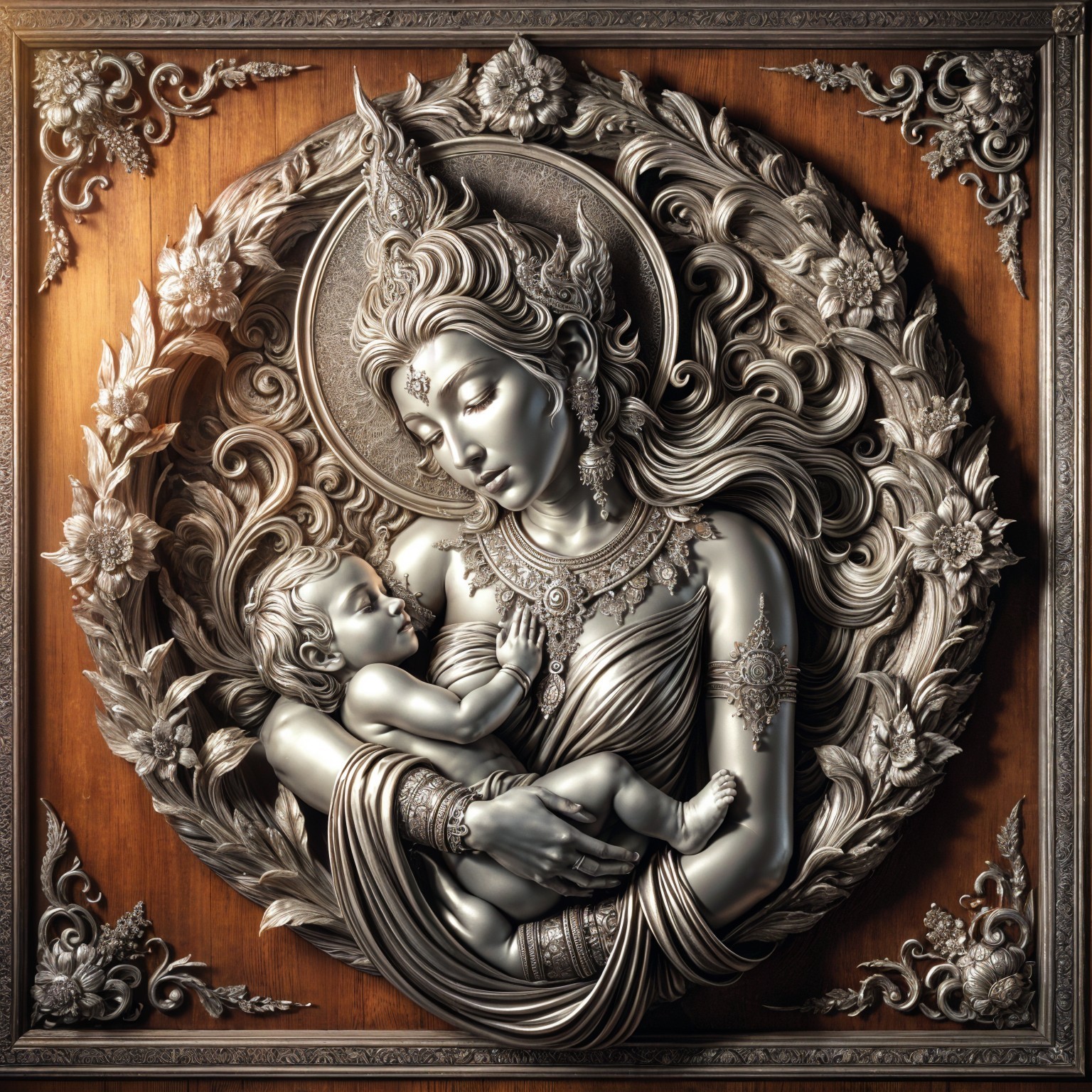 Relief Sculpture of Mother and Child with Floral Border