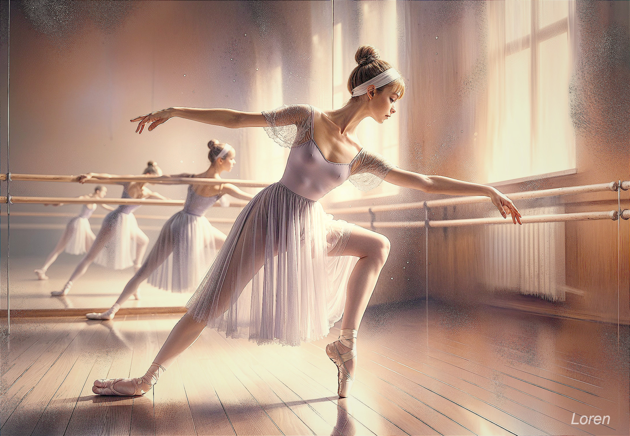 Ballet Dancer in Sunlit Studio Performing Graceful Pose