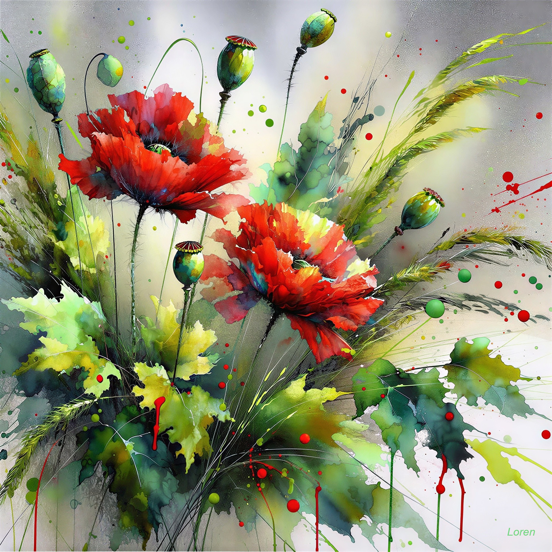 Vibrant Red Poppies with Green Foliage and Paint Splatters