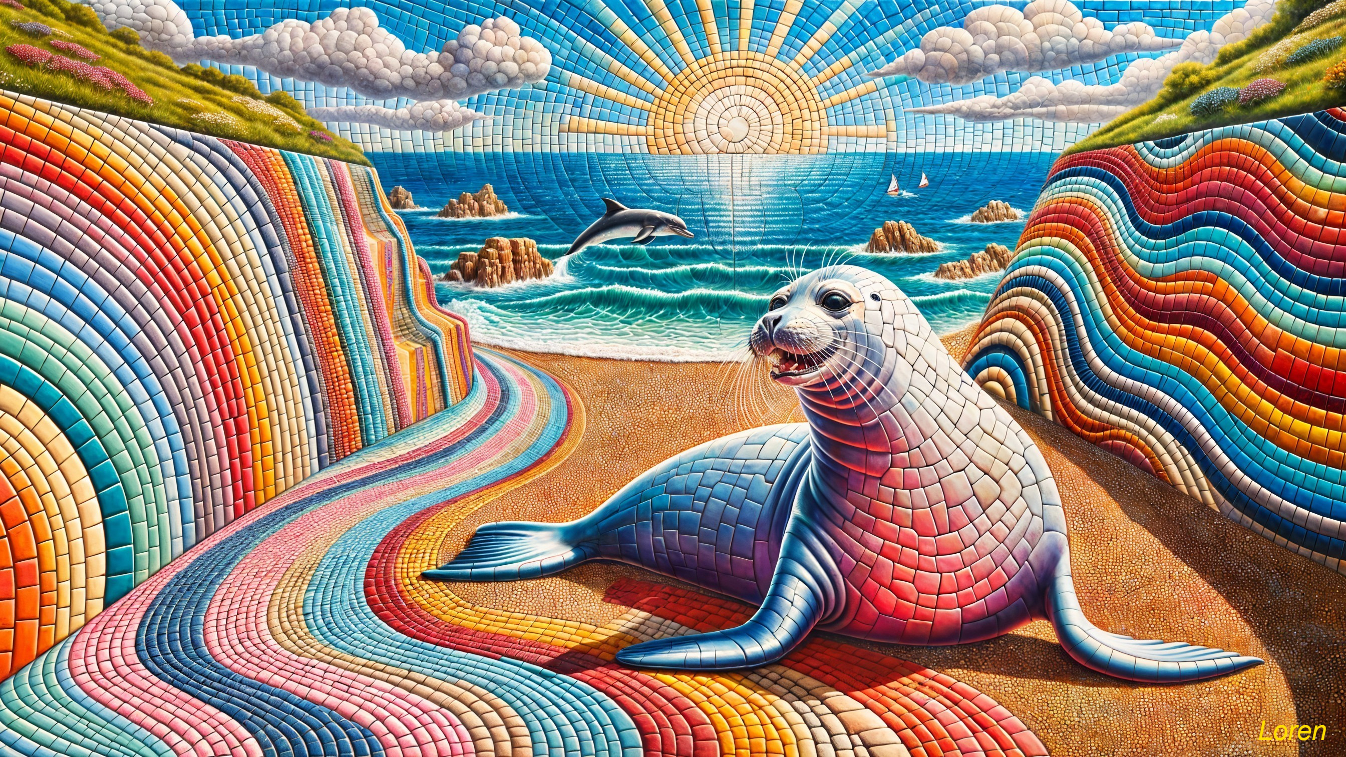 Vibrant Mosaic of Seal on Colorful Beach Scene