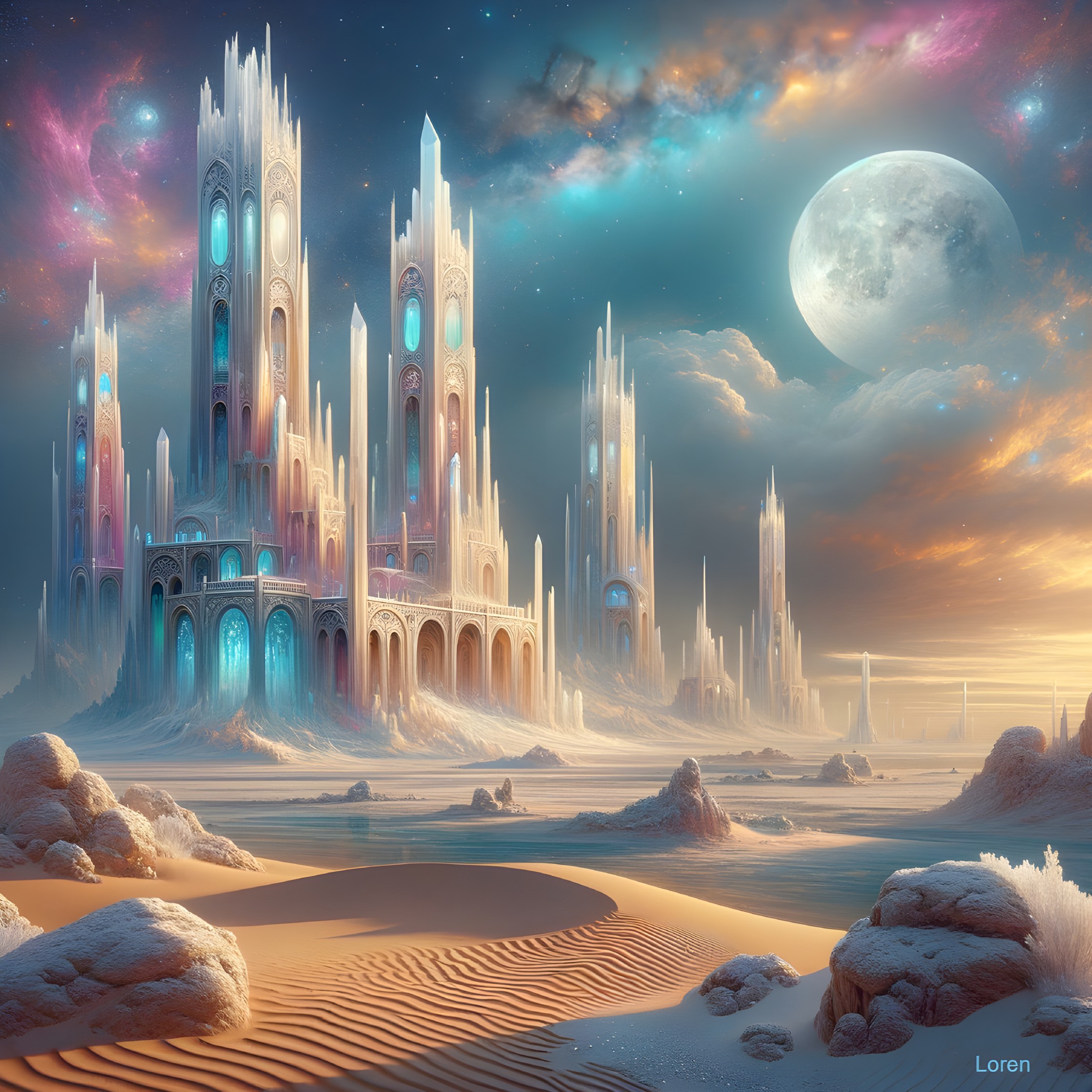 Ethereal City with Crystalline Spires and Starry Sky