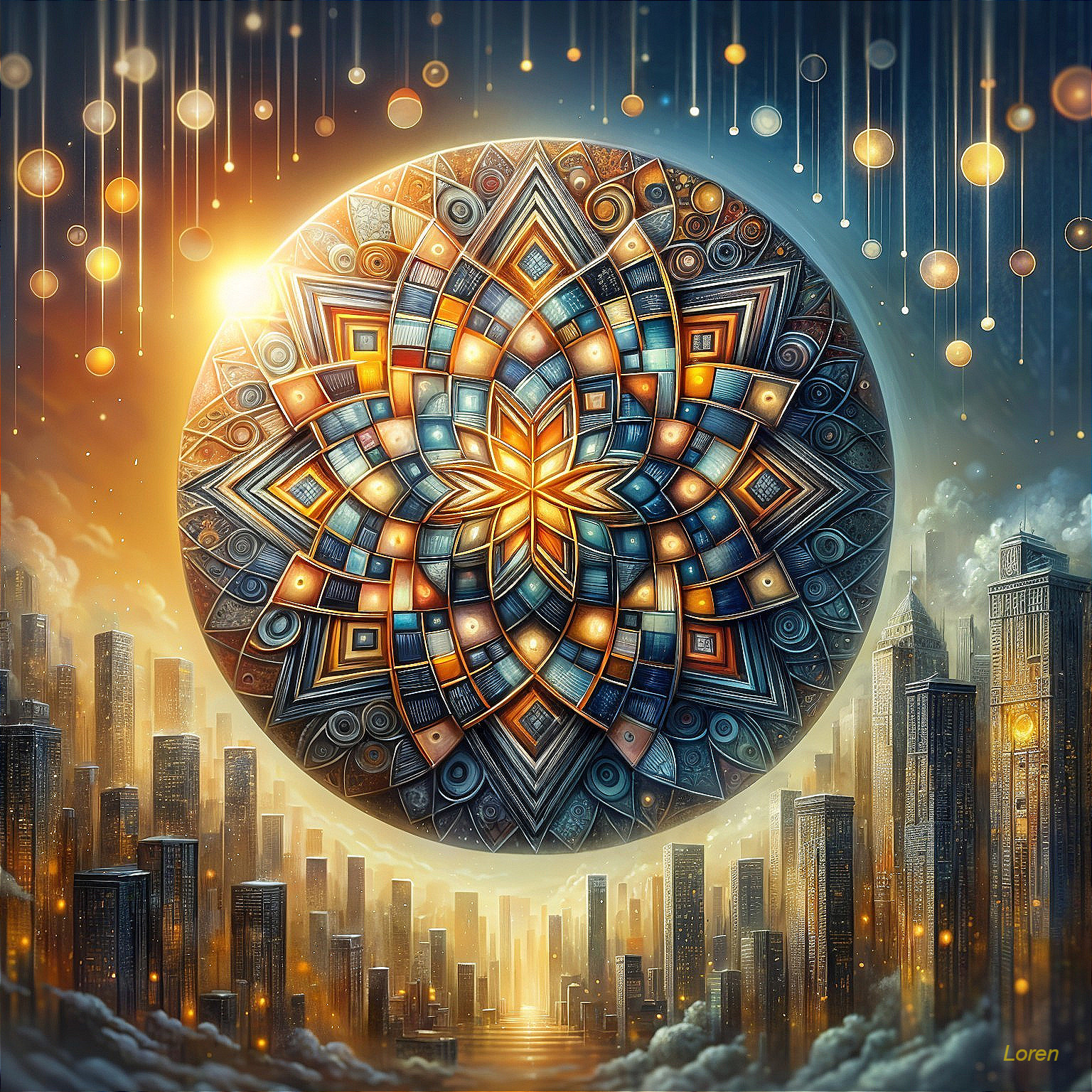 Geometric Mandala with Urban Skyline and Luminous Spheres