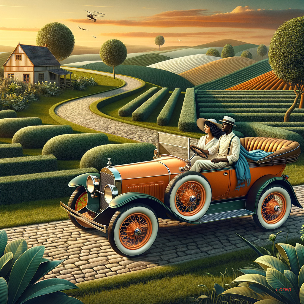 Vintage Orange Car on Scenic Winding Road