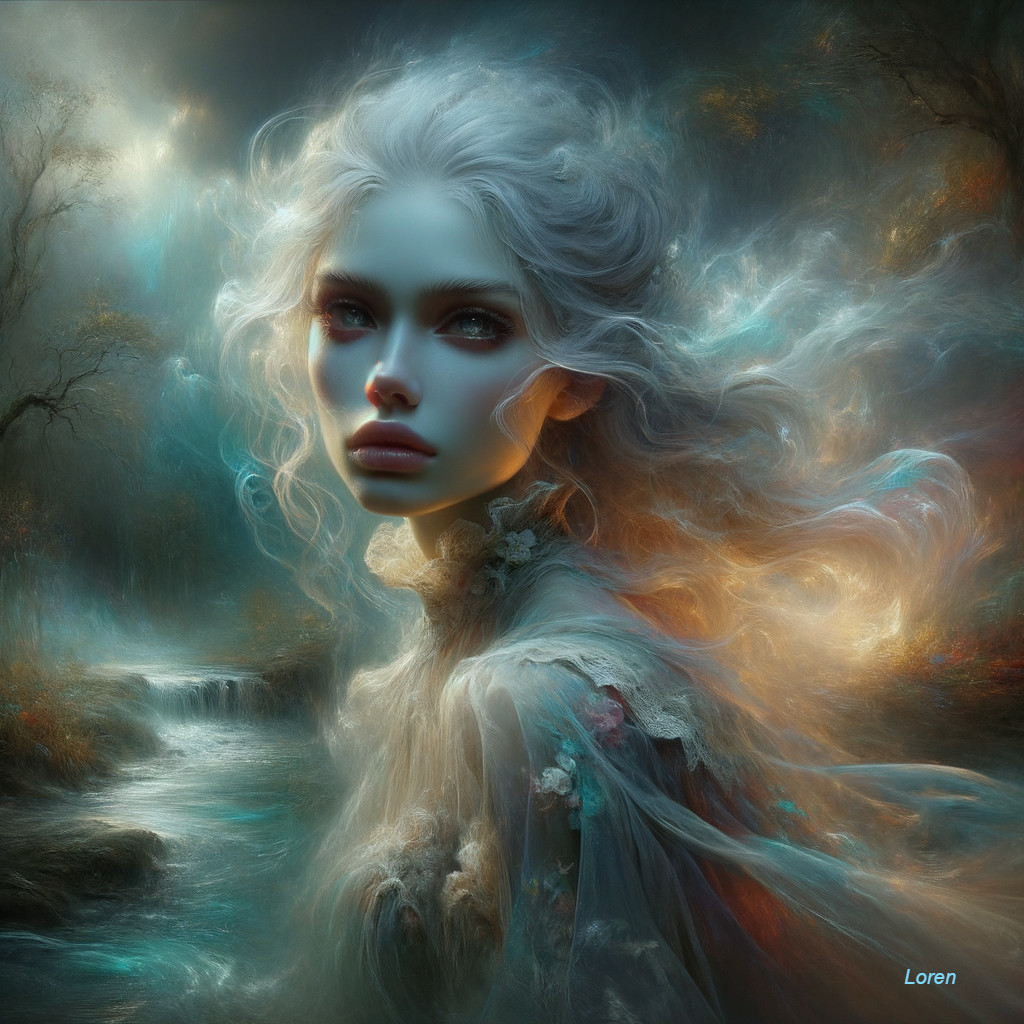 Ethereal woman fantasy portrait in misty woodland