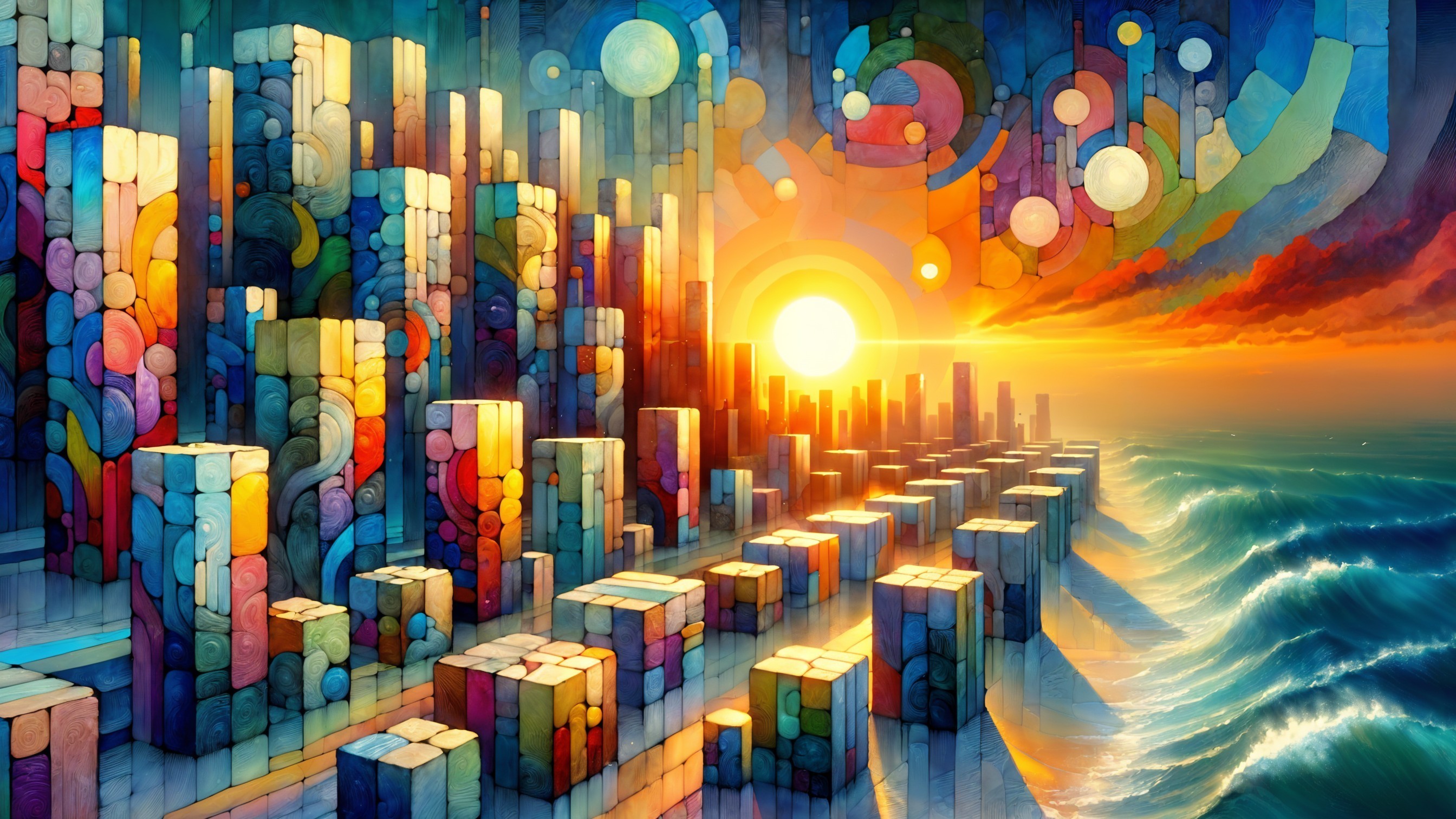 Vibrant Landscape with Geometric Shapes and Seascape