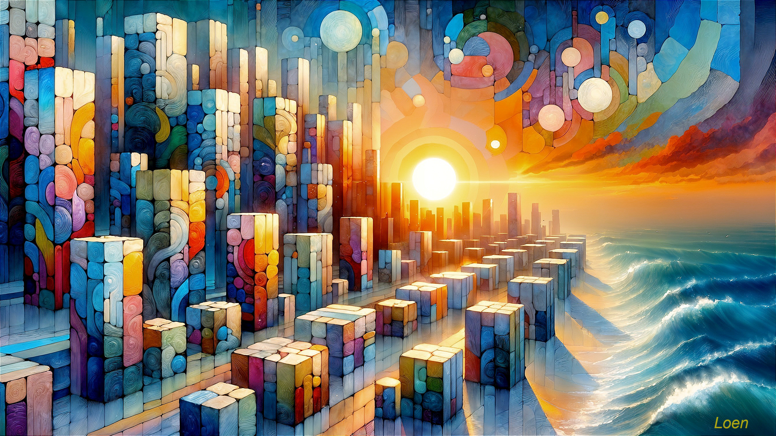 Vibrant Landscape with Geometric Shapes and Seascape