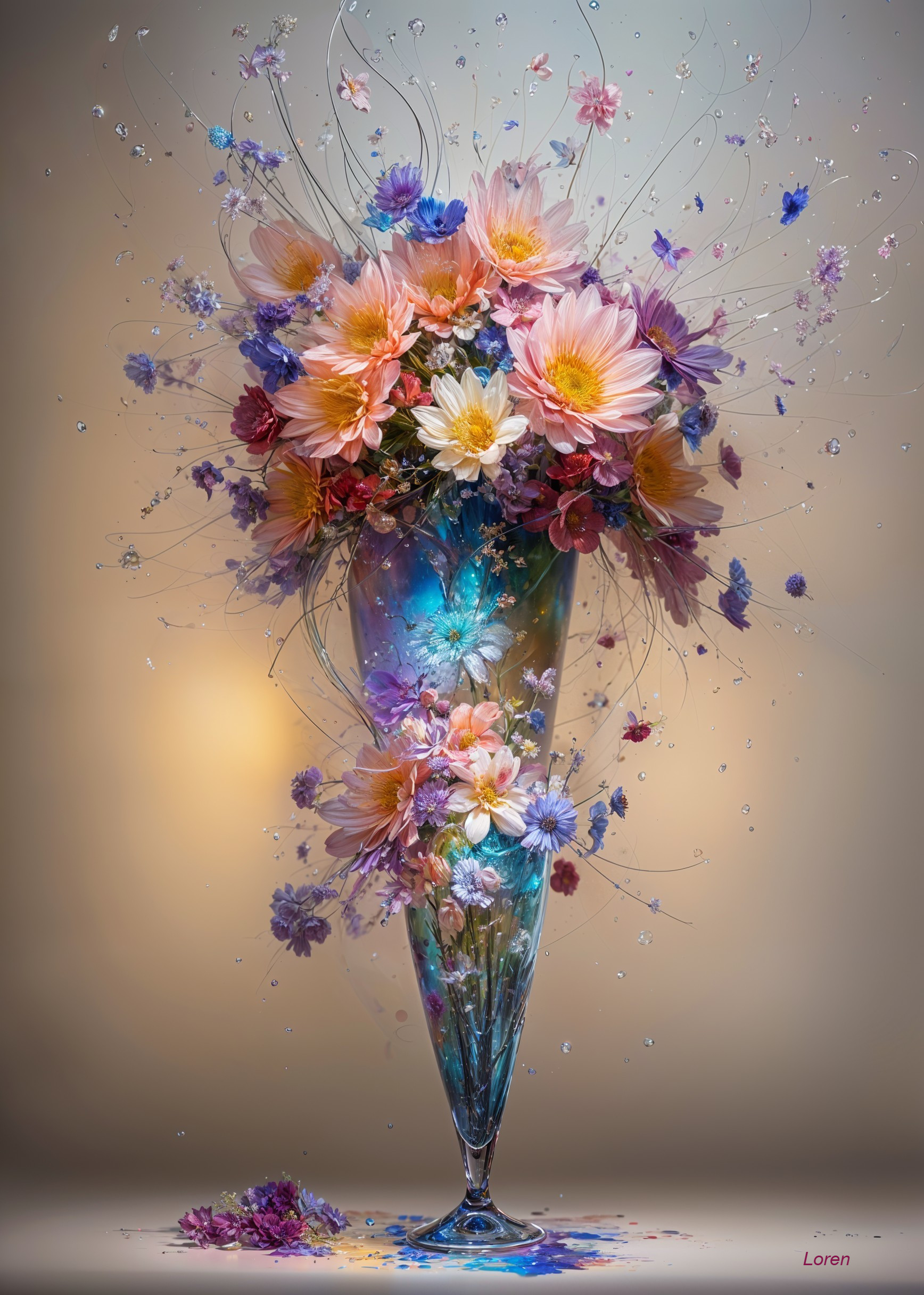 Floral Arrangement in Tall Blue Vase with Daisies