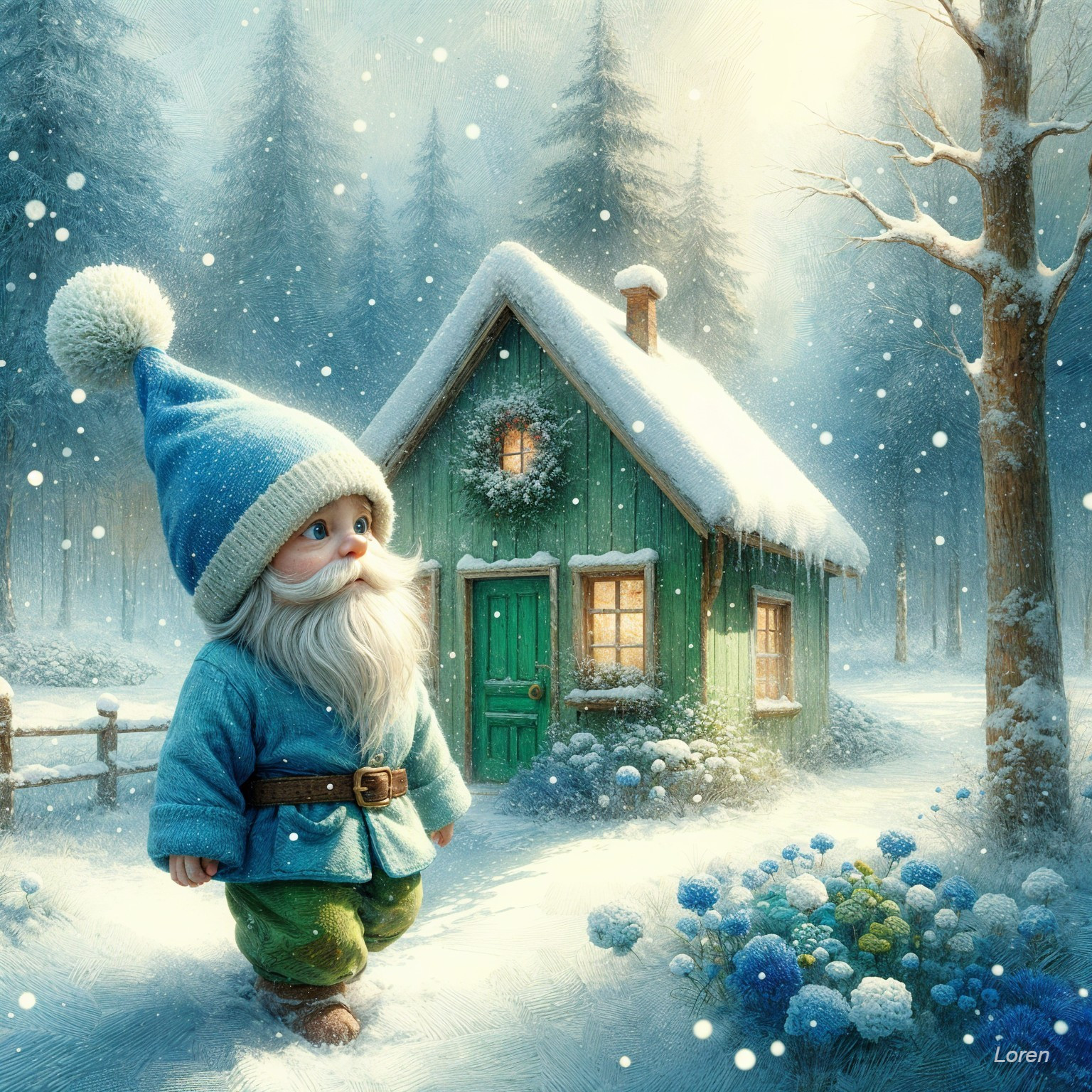 Whimsical Winter Scene with Gnome and Snowy Landscape