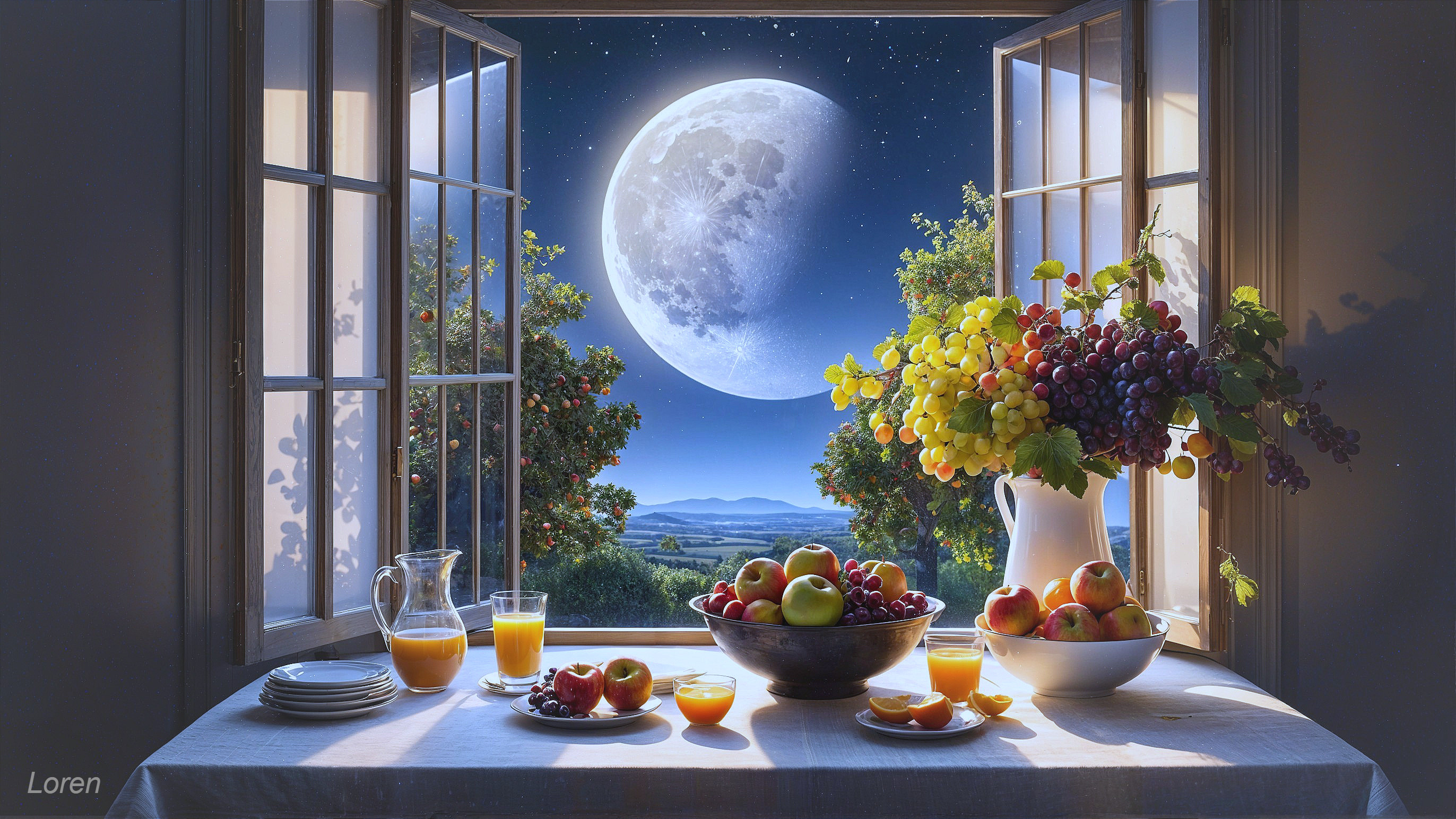 Serene Moonlit Landscape with Fruit and Juice Setting