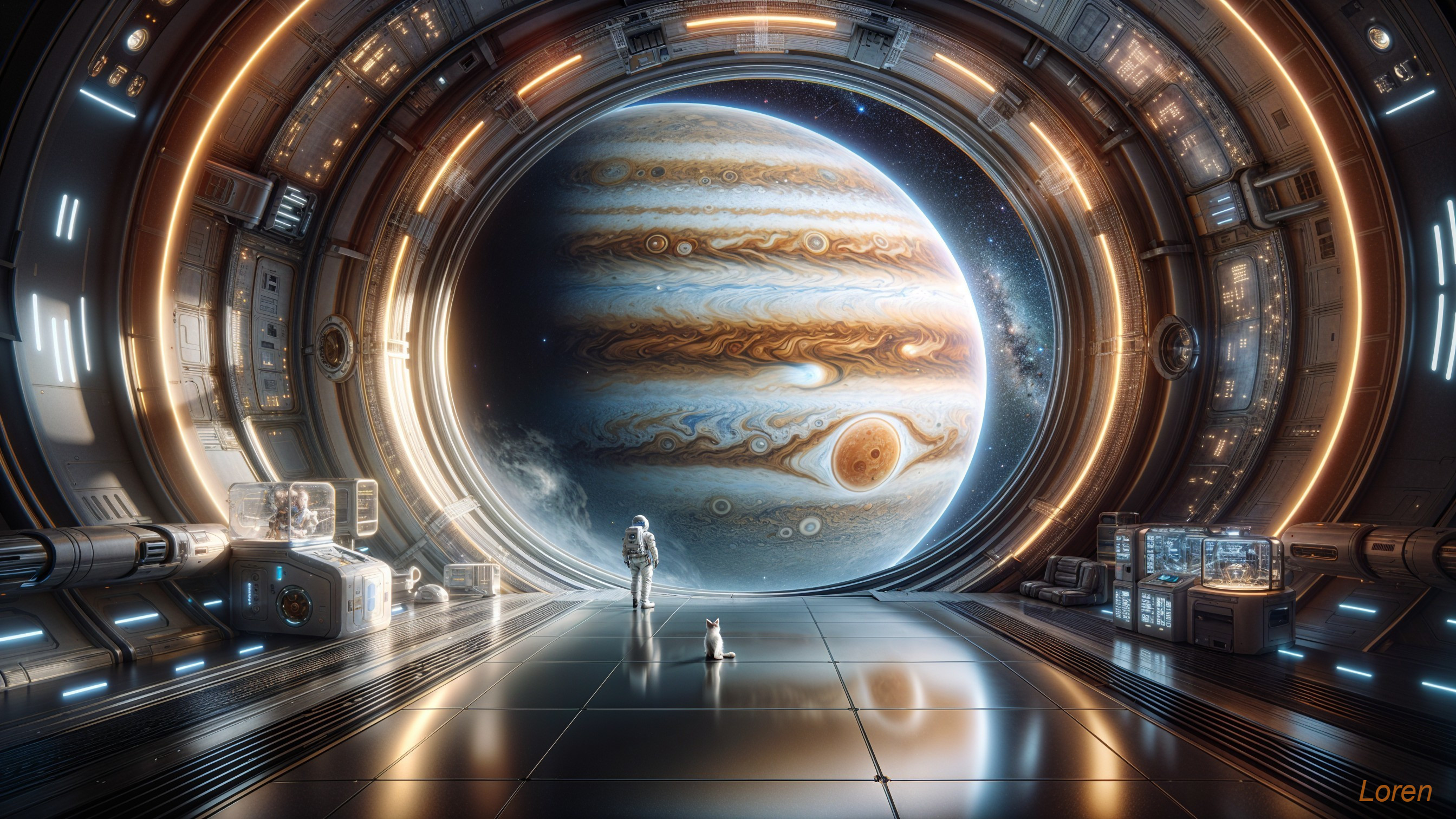 Astronaut and Dog in Futuristic Space Station View of Jupiter