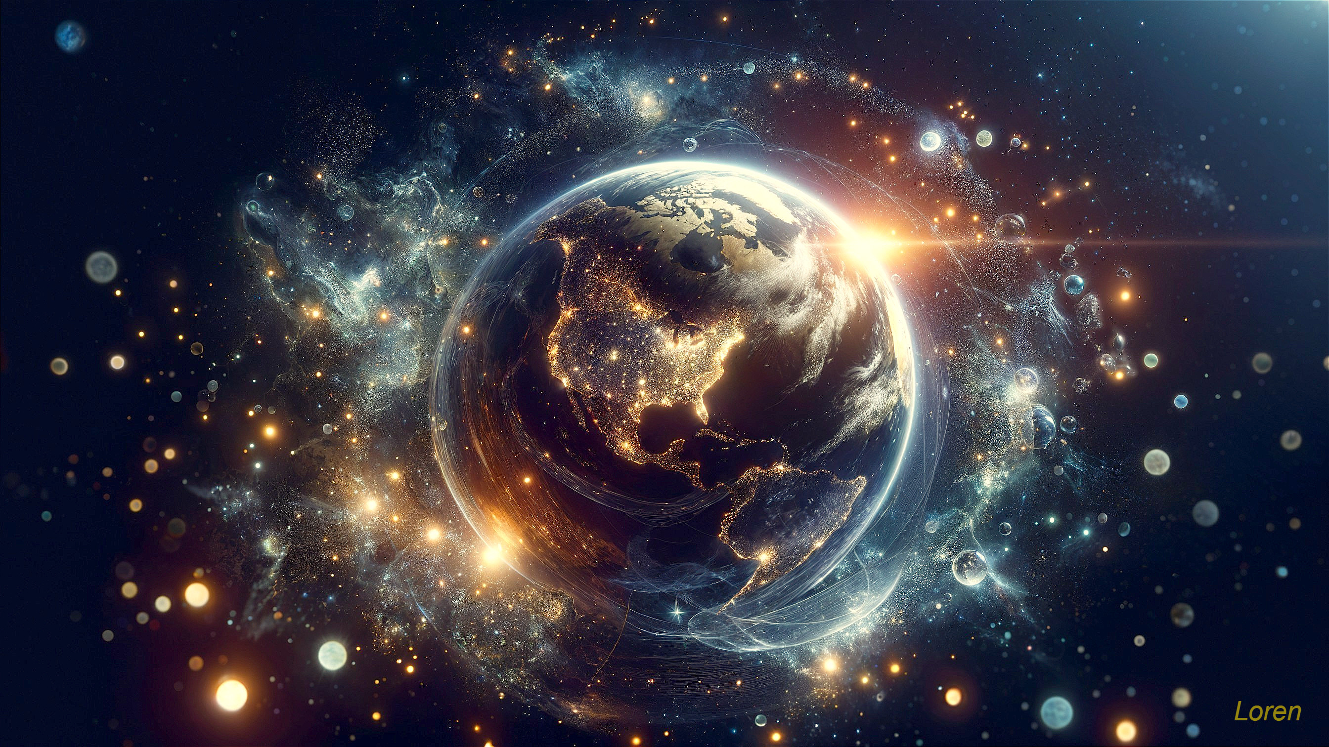 Earth Surrounded by Cosmic Nebulae and Stars