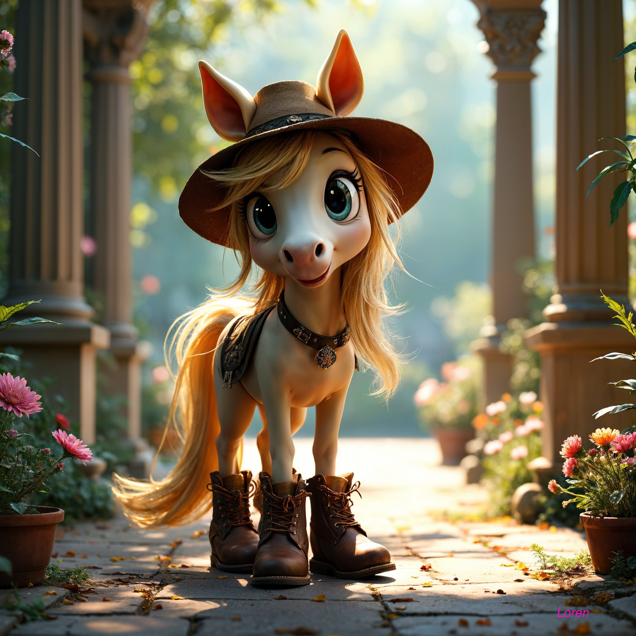Charming Cartoon Pony in a Sunlit Garden Setting
