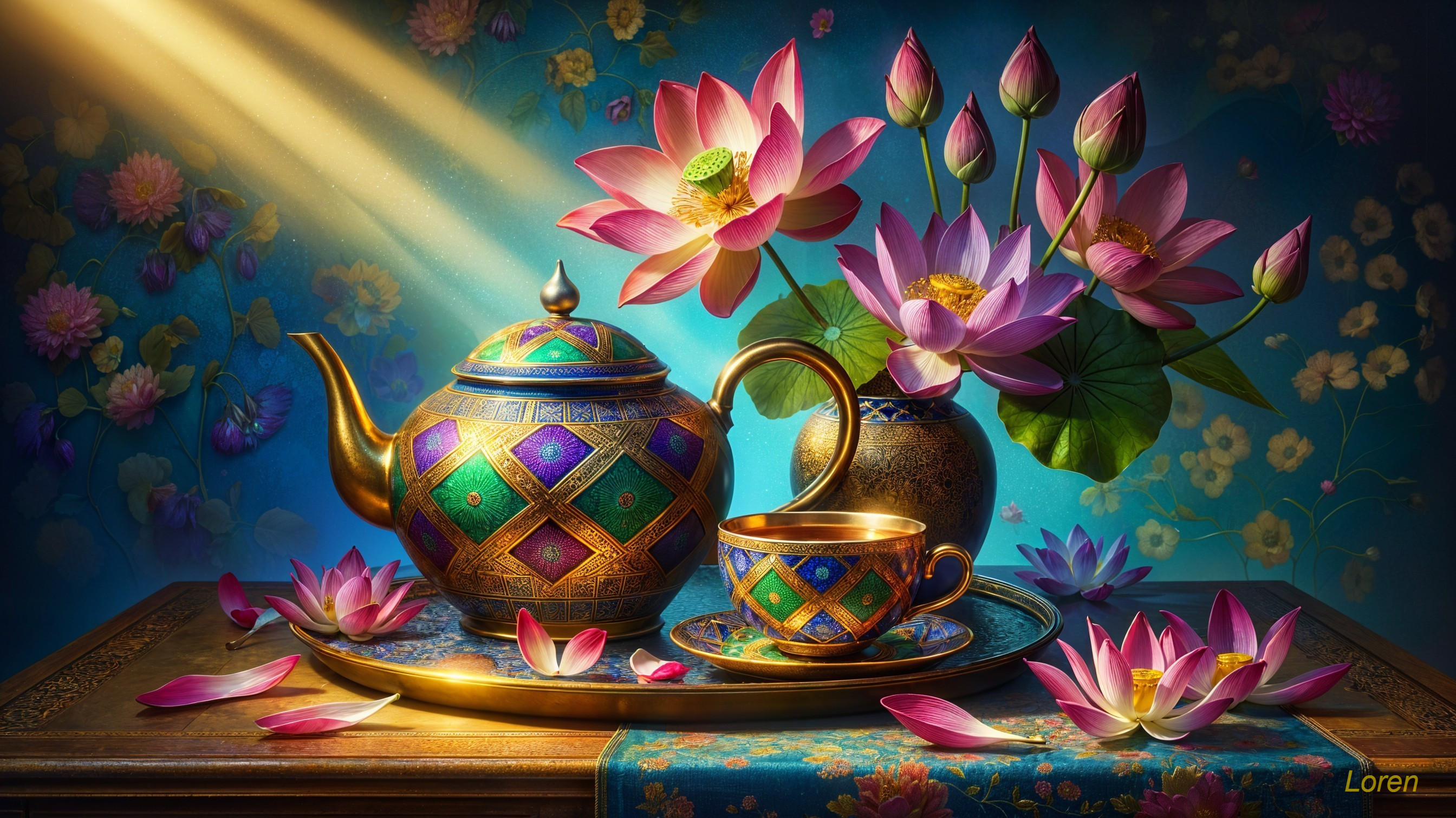 Vibrant Still Life with Teapot and Lotus Flowers