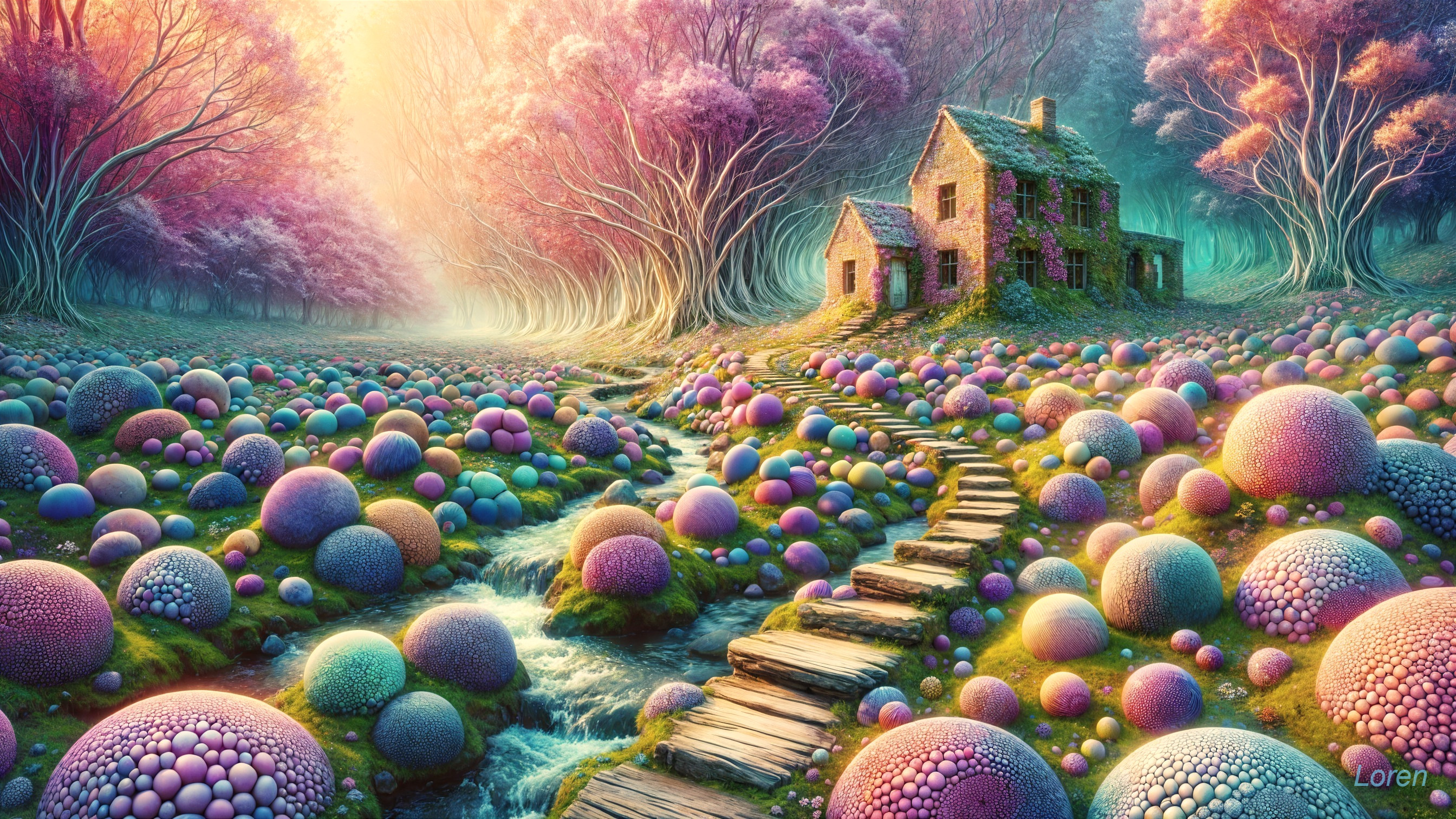 Whimsical Landscape with Overgrown House and Colorful Spheres