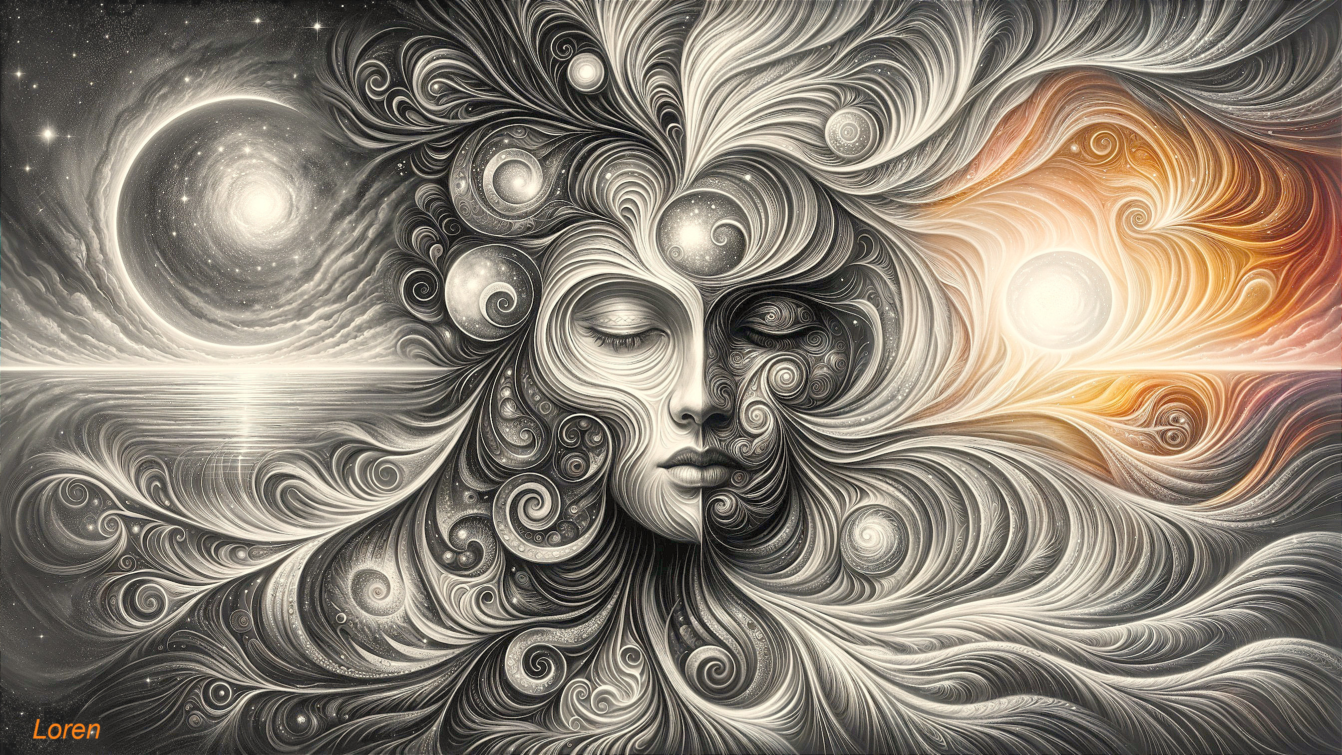 Surreal Face Surrounded by Cosmic Duality and Patterns