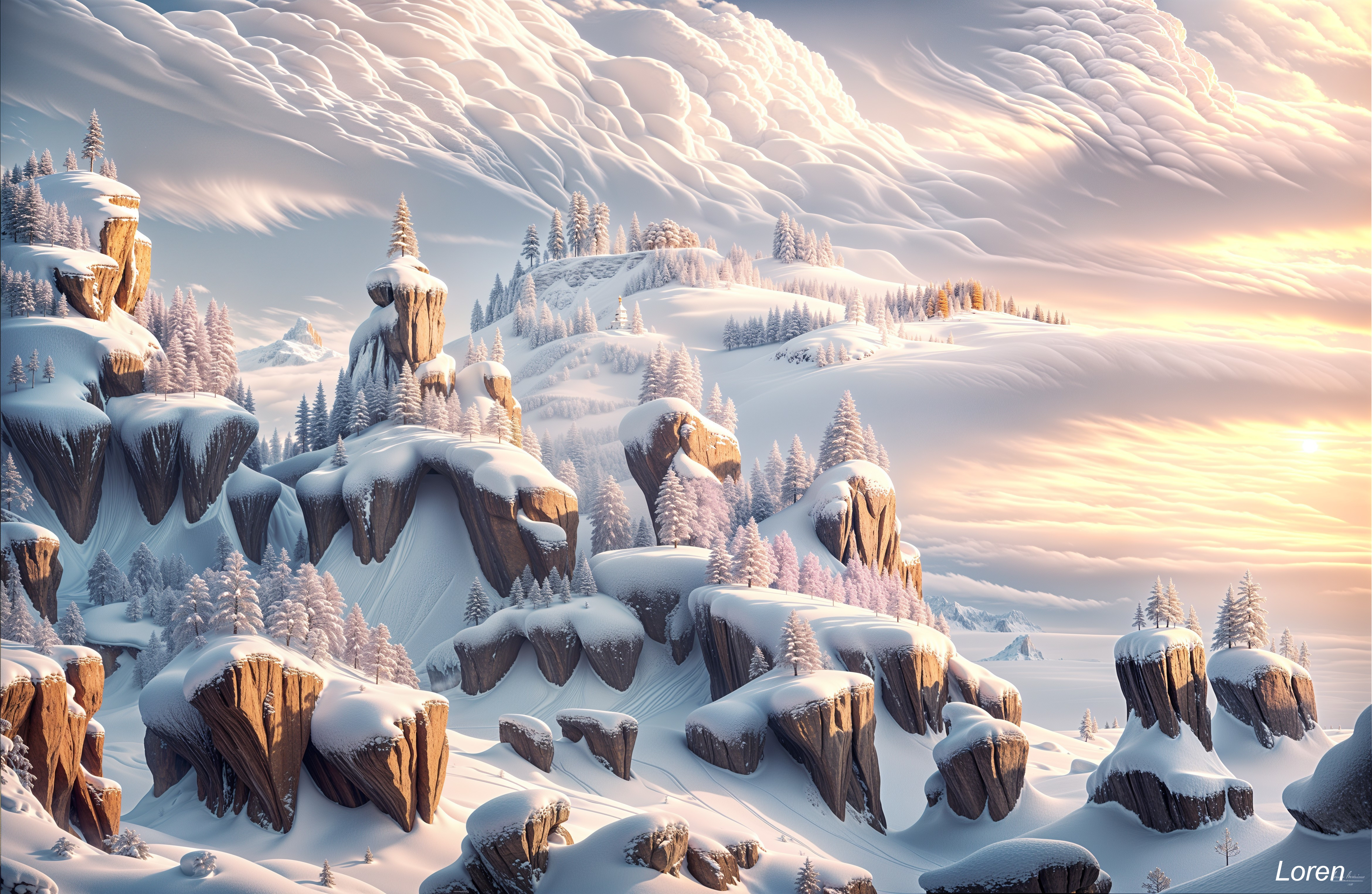 Winter Landscape with Snow-Covered Cliffs and Evergreens