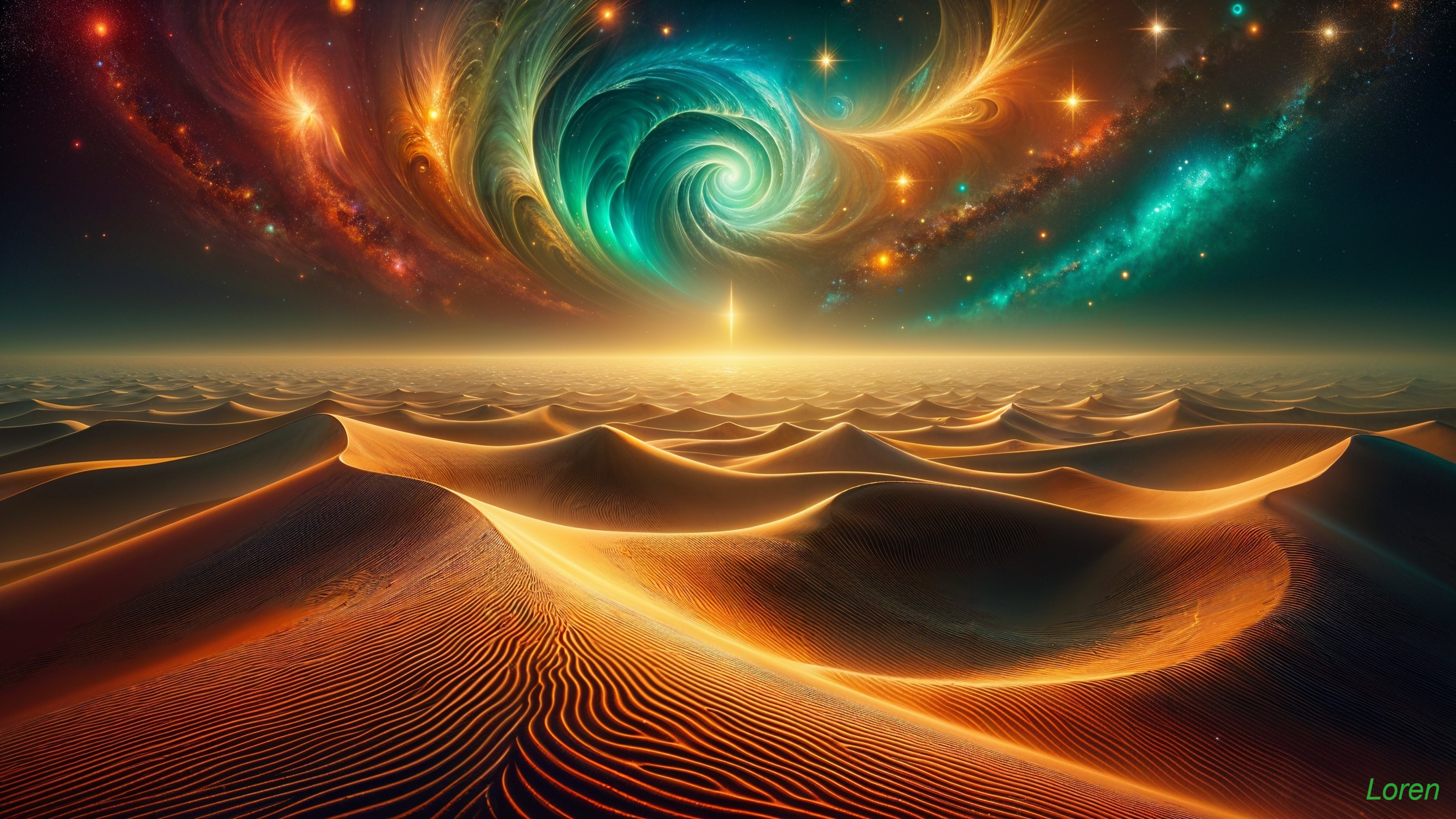 Surreal Landscape of Golden Sand Dunes and Cosmic Sky