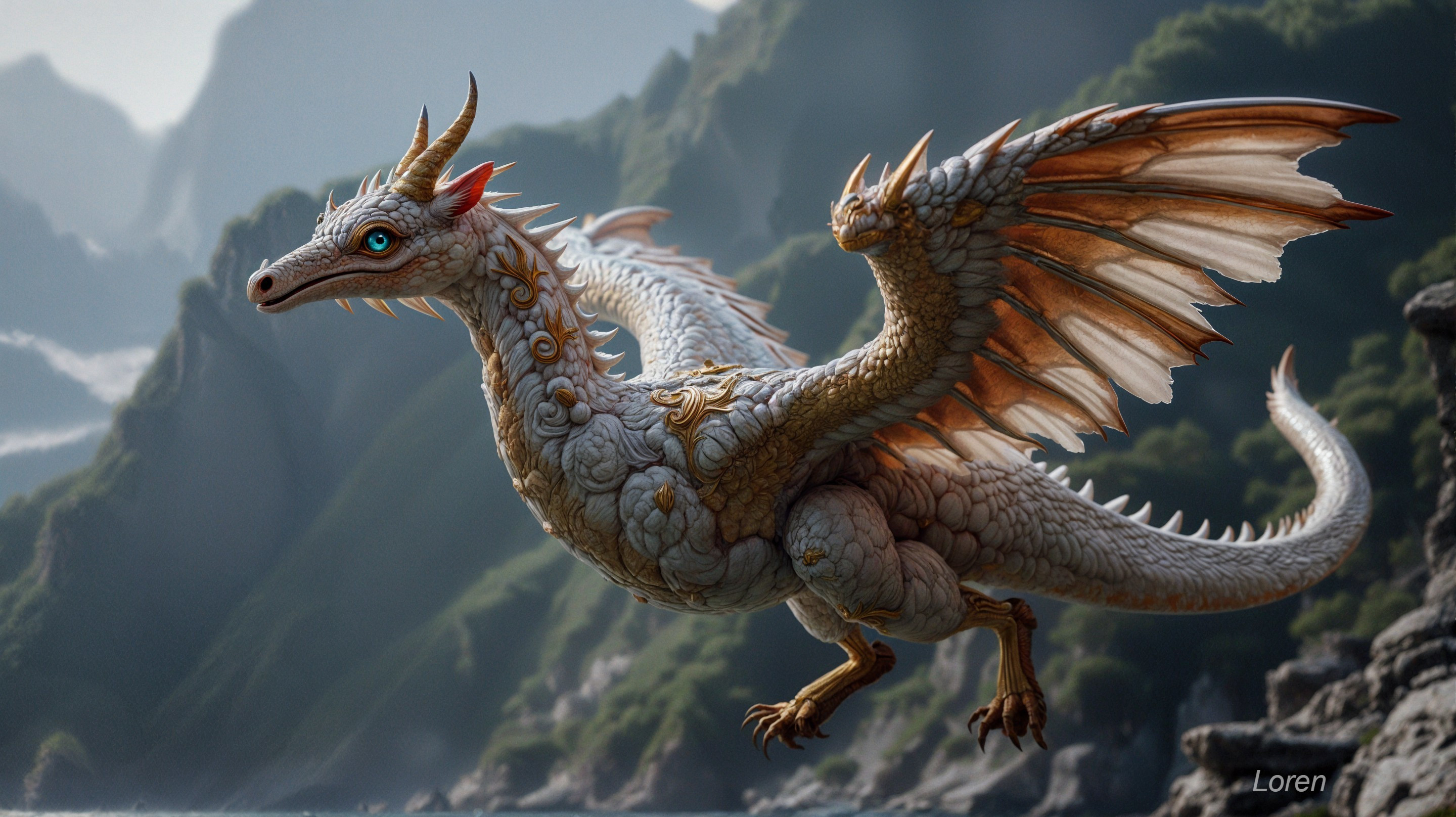 Majestic dragon soaring over lush mountainous landscape