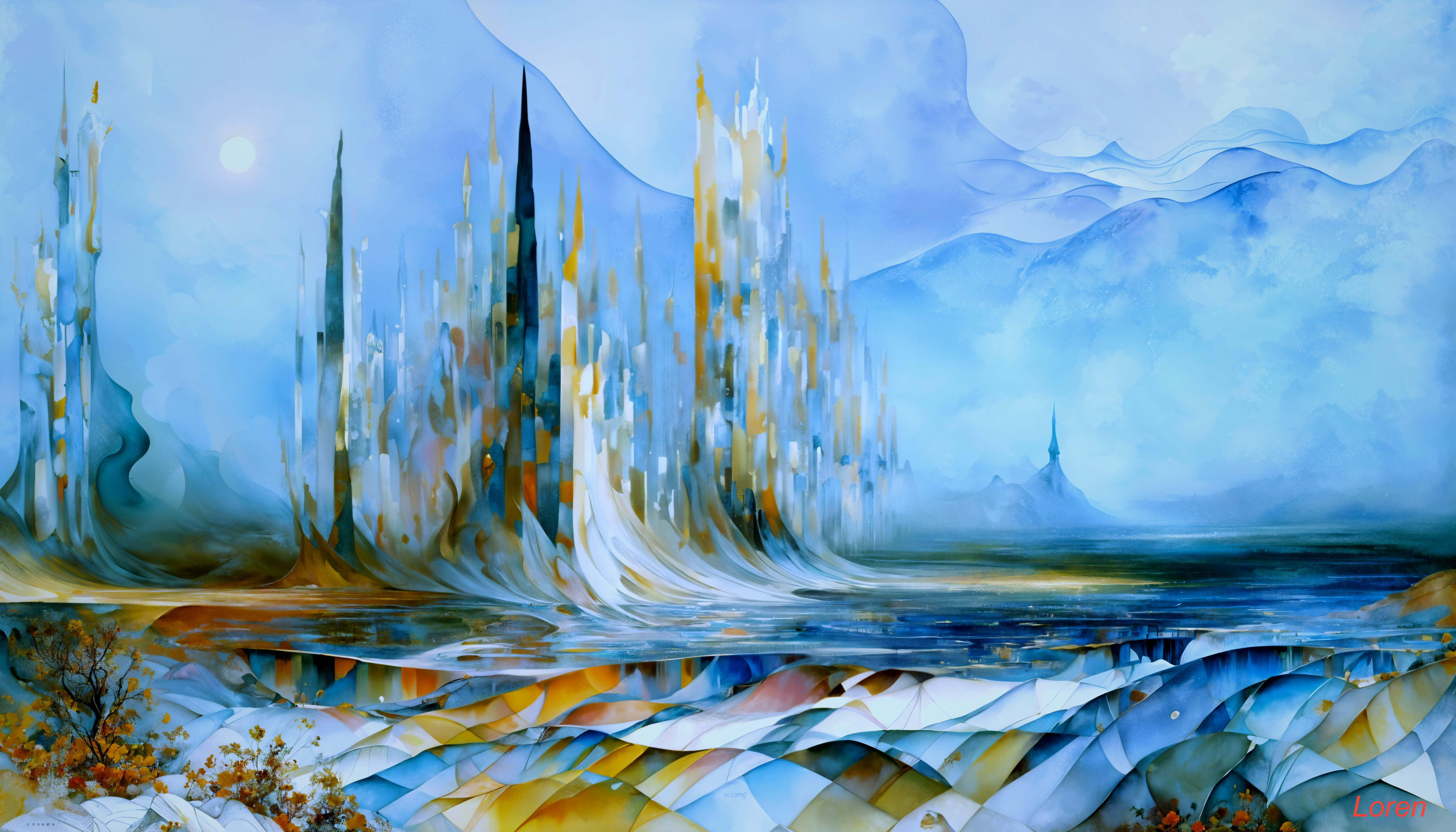 Serene landscape with crystalline structures and flowing forms
