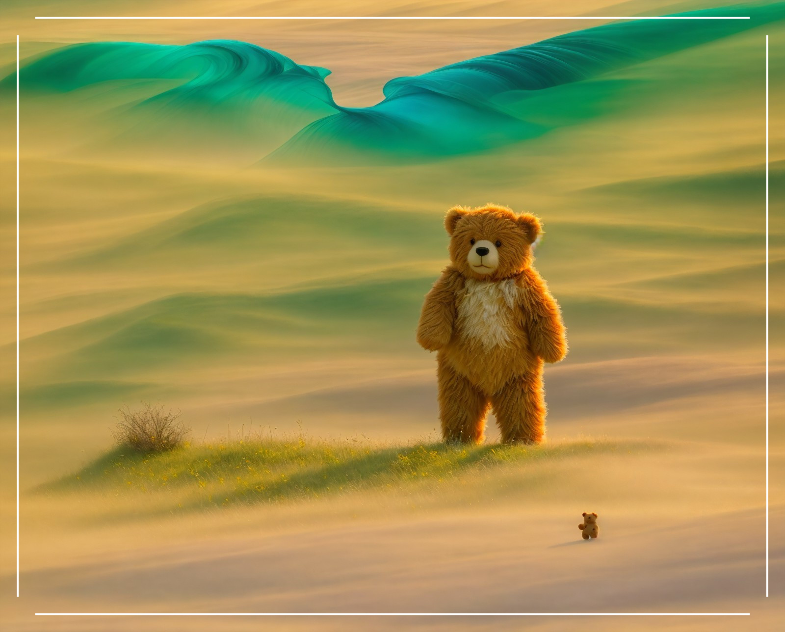 Teddy bear costume figure on sandy dune under warm glowing light