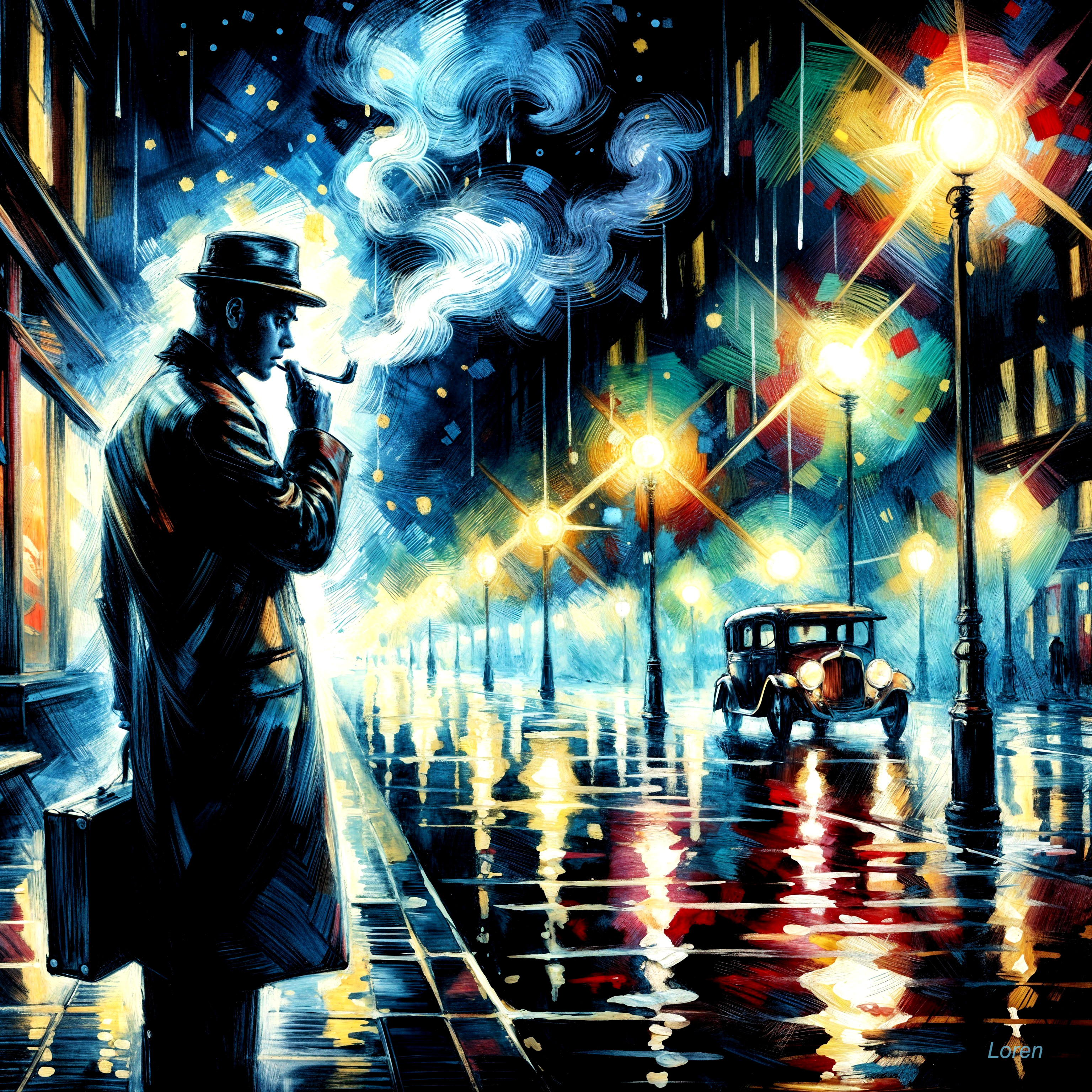 Noir Scene of Man in Fedora on Rainy Street