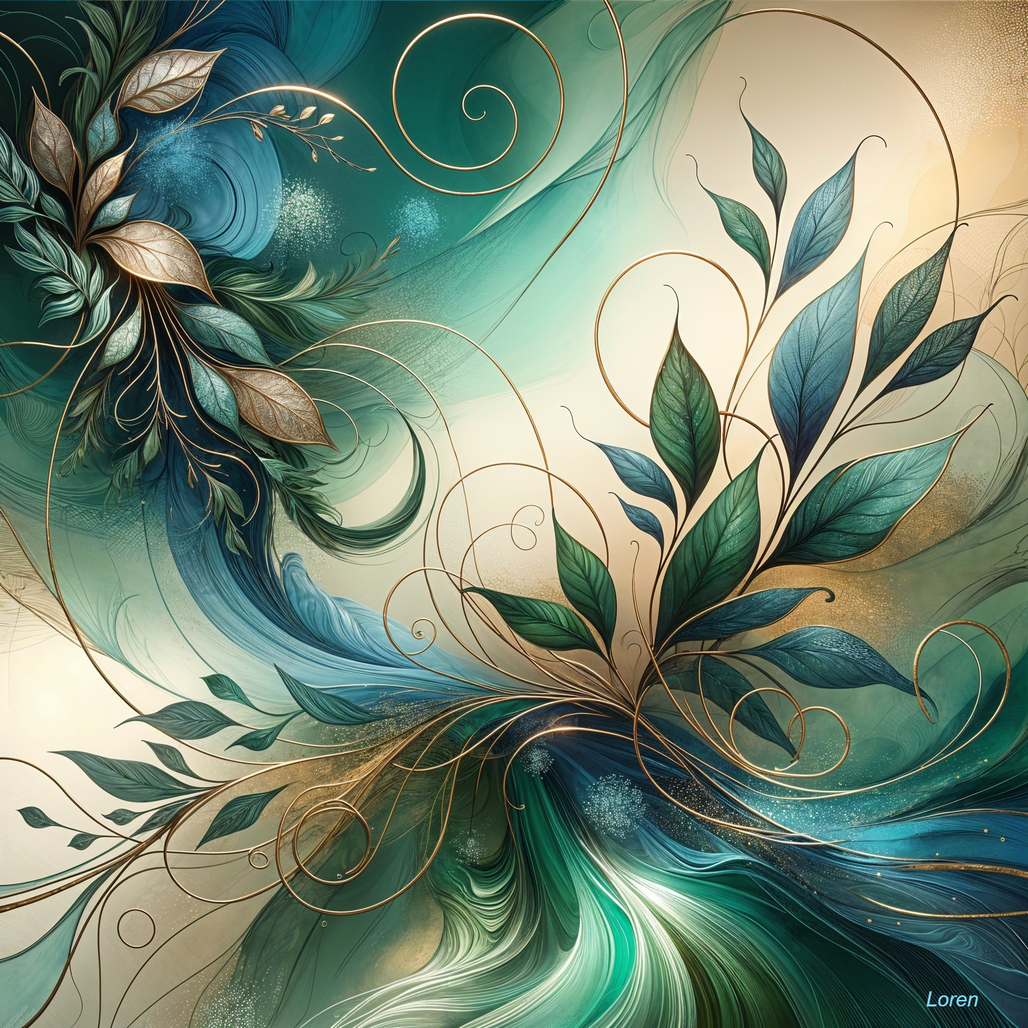 Vibrant Abstract Composition with Teal and Gold Waves